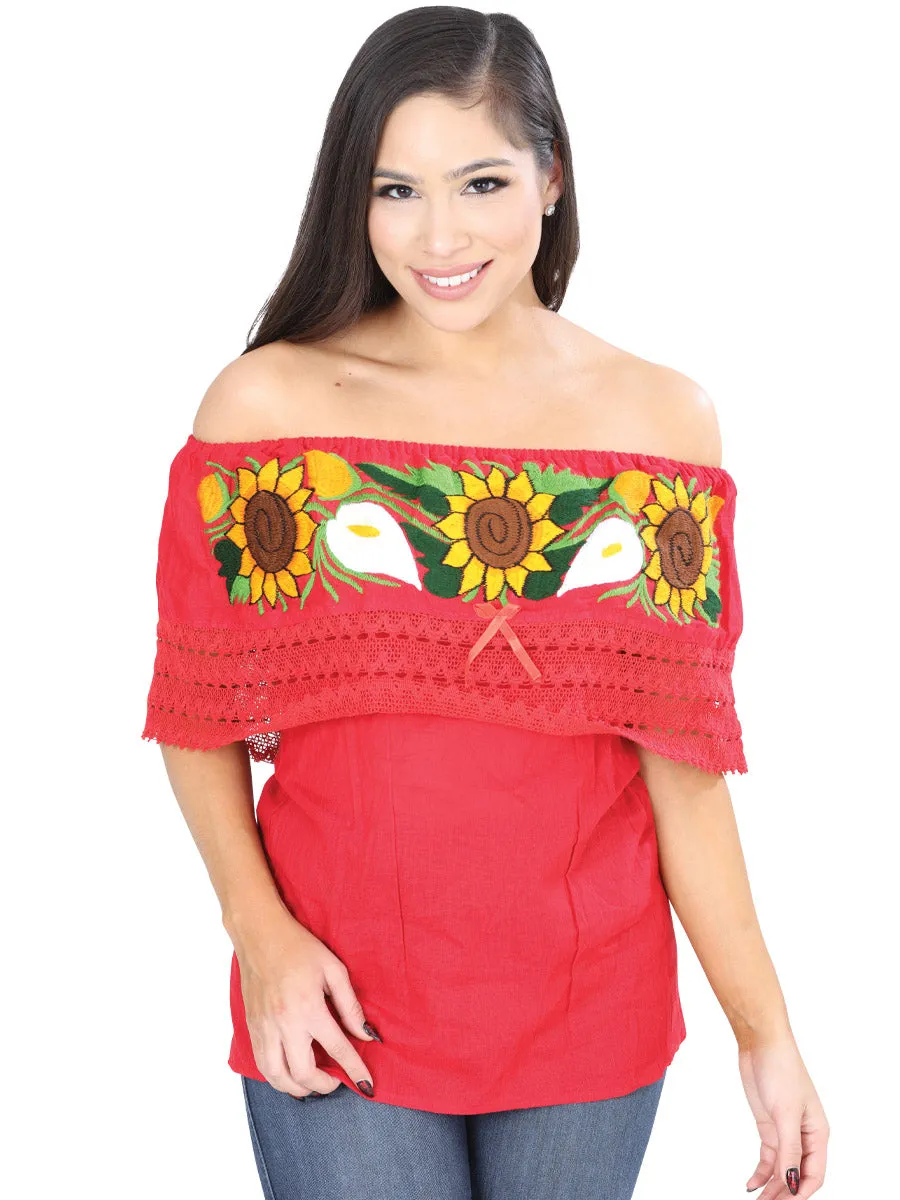 Blusa Artesanal de Olan Bordada de Girasoles para Mujer