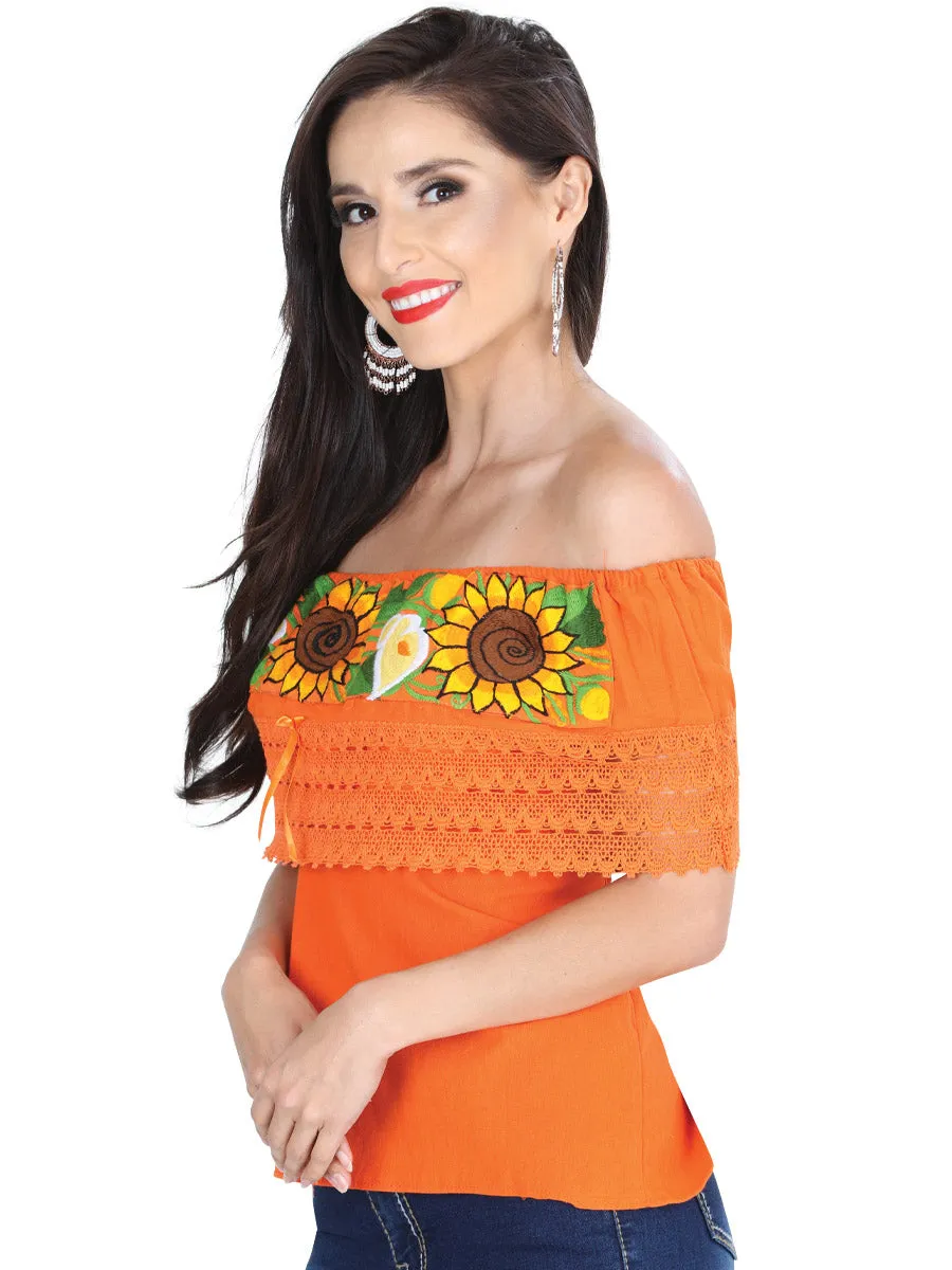 Blusa Artesanal de Olan Bordada de Girasoles para Mujer