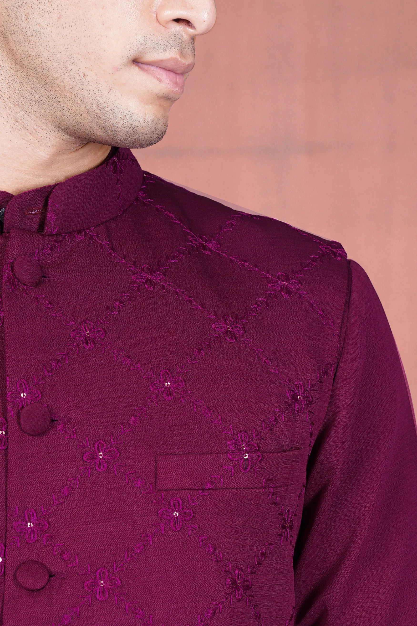 Bordeaux Wine Viscose Embroidered With Tikki Work Designer Nehru Jacket