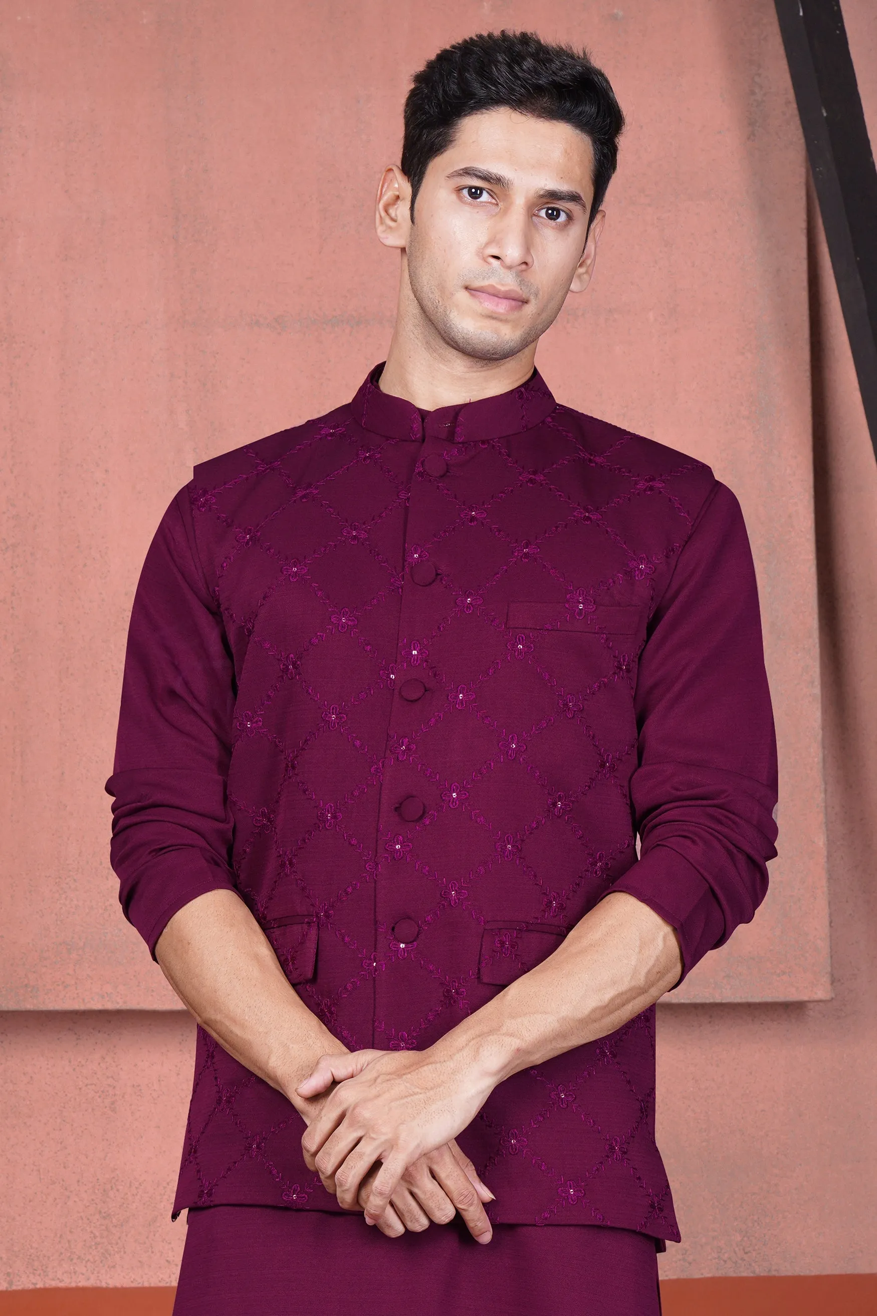 Bordeaux Wine Viscose Embroidered With Tikki Work Designer Nehru Jacket