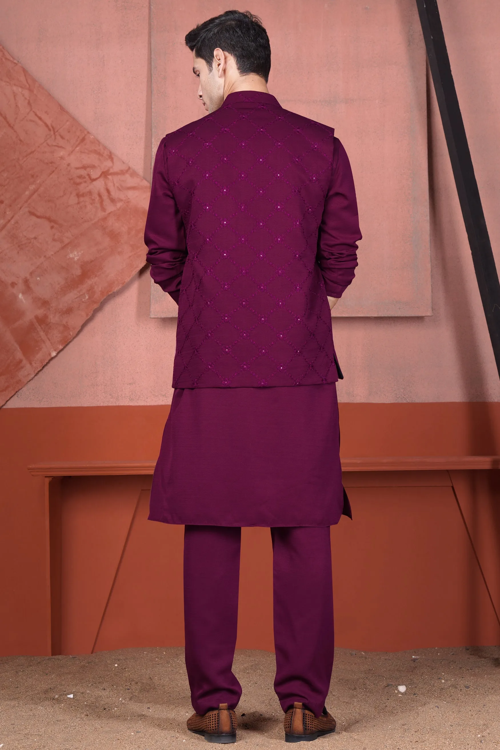 Bordeaux Wine Viscose Embroidered With Tikki Work Designer Nehru Jacket