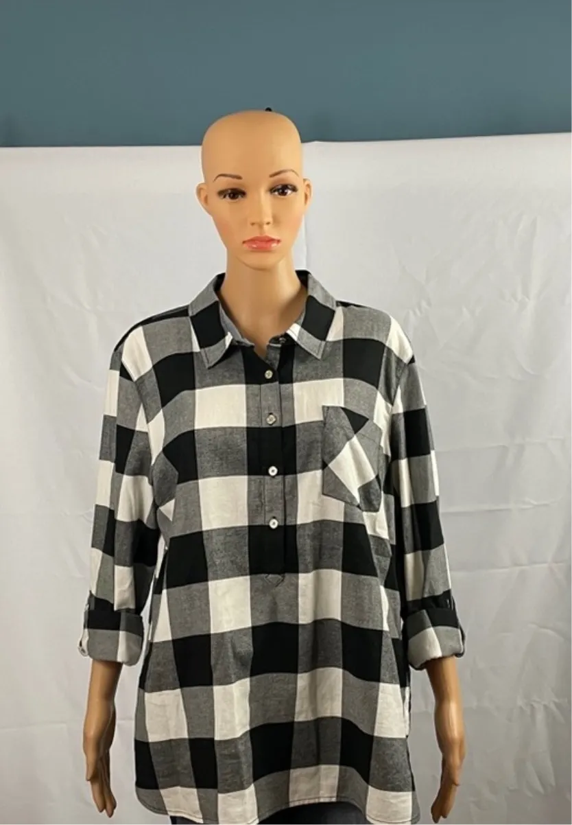 Buffalo Plaid Cotton Roll-Tab-Sleeve Top