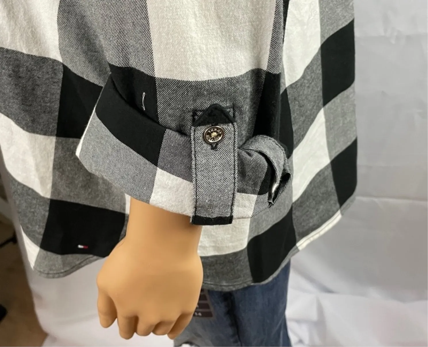 Buffalo Plaid Cotton Roll-Tab-Sleeve Top