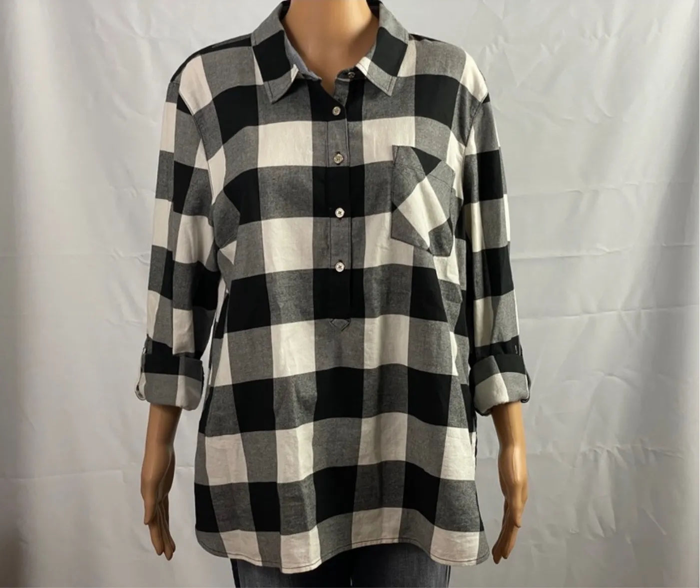 Buffalo Plaid Cotton Roll-Tab-Sleeve Top