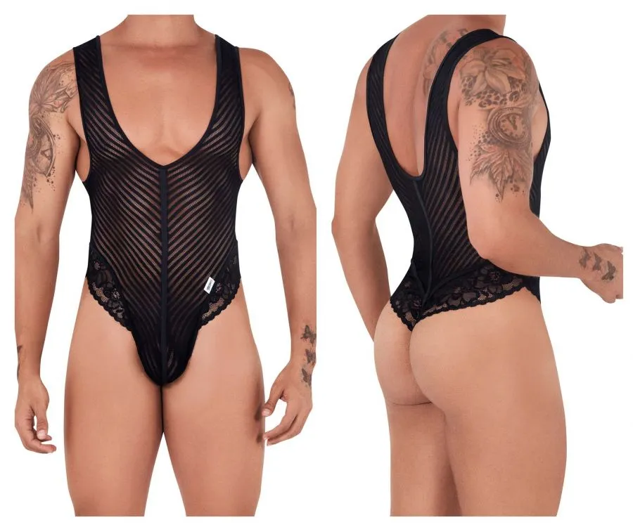 CandyMan 99522 Lace-Mesh Bodysuit Thong Color Black