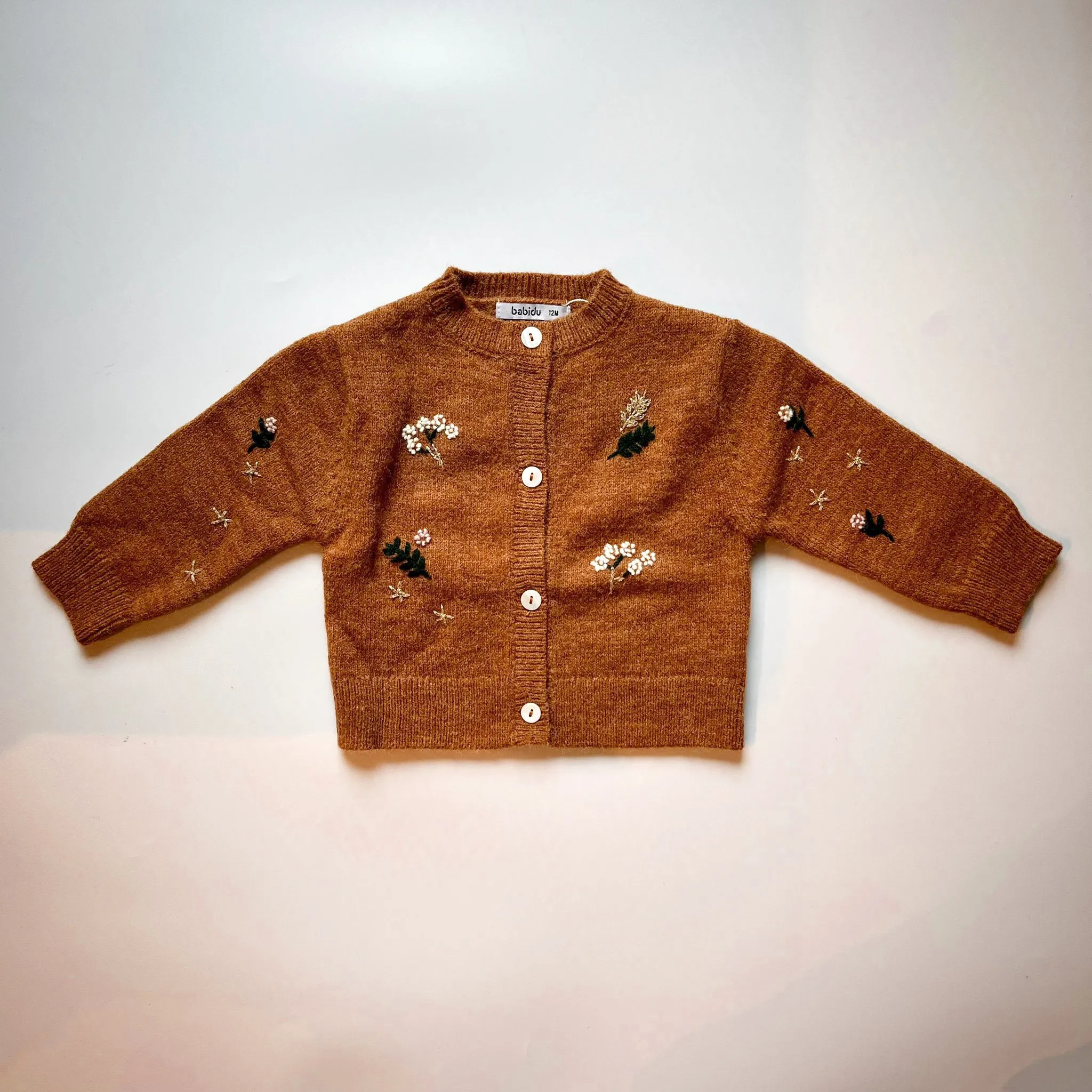 Cardigan - Toffee Wool with Forest Floral