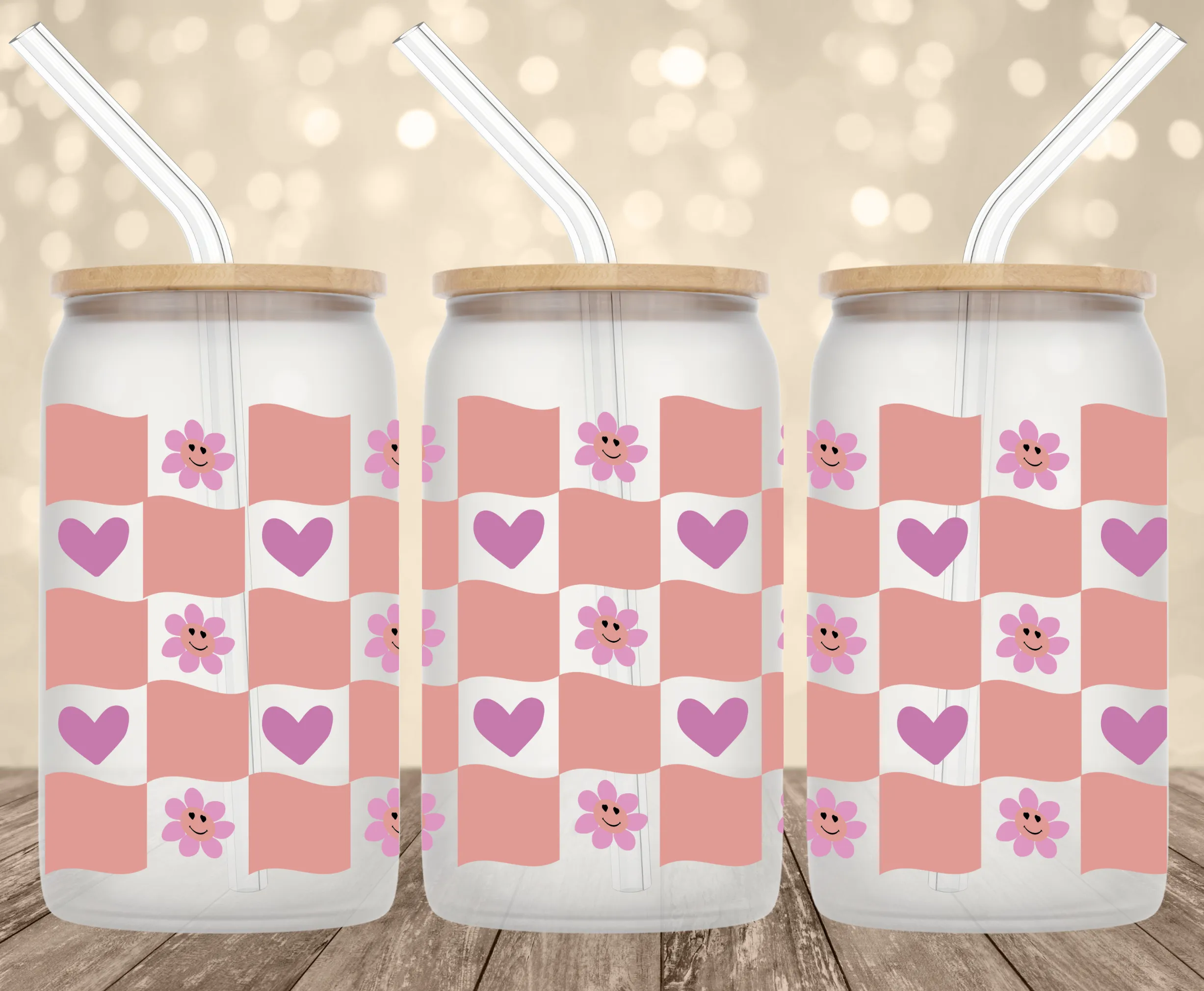 Checkered Hearts UV Transfer for 16 oz Glass Can