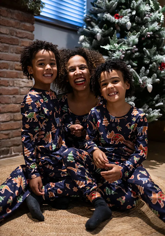 Children's Navy Gingerbread Dinosaur Print Pyjama Set (Dino)