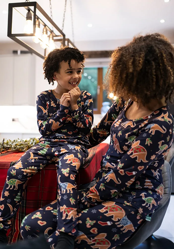 Children's Navy Gingerbread Dinosaur Print Pyjama Set (Dino)