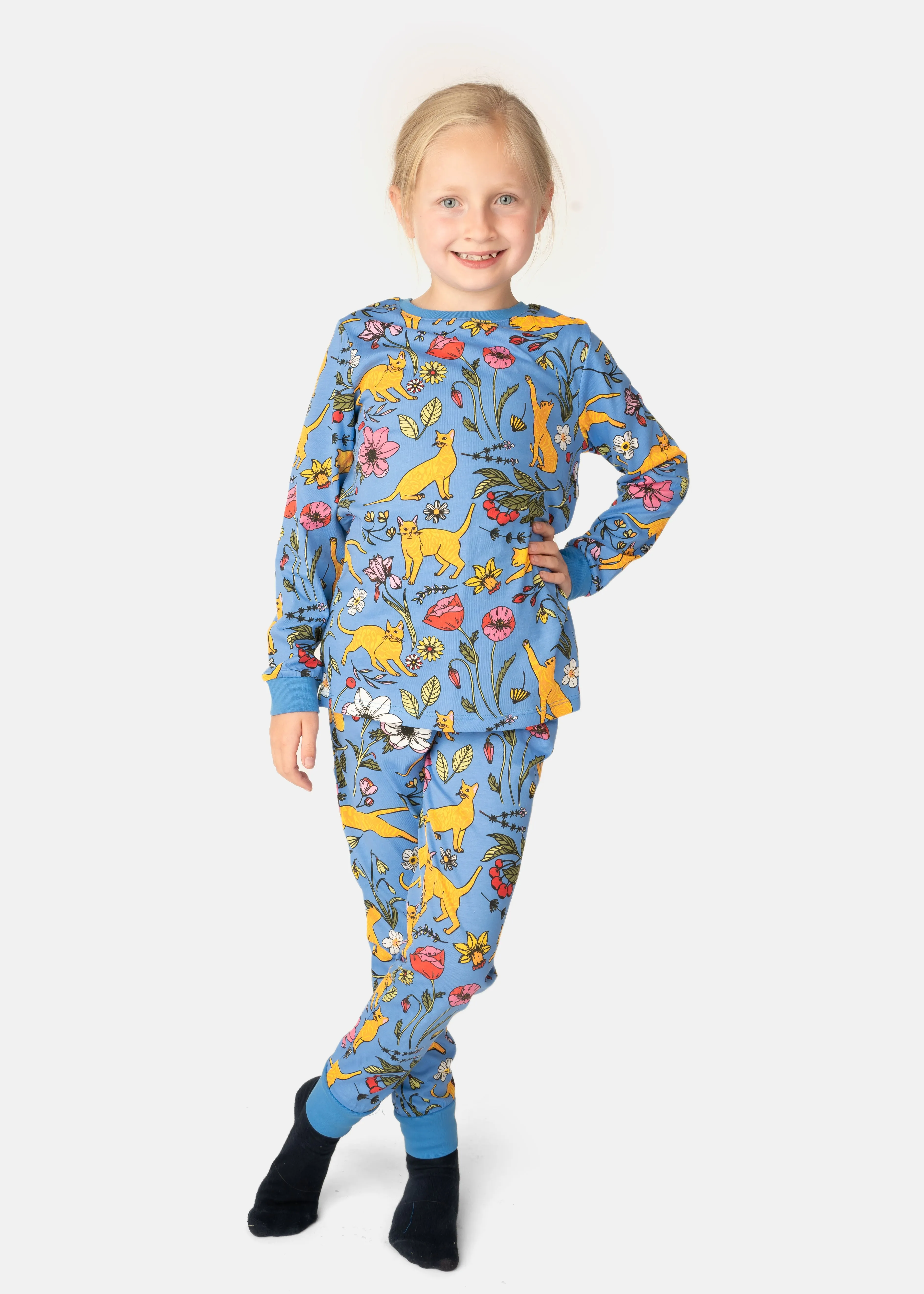 Children's Teal Garden Cat Print Cotton Pyjama Set