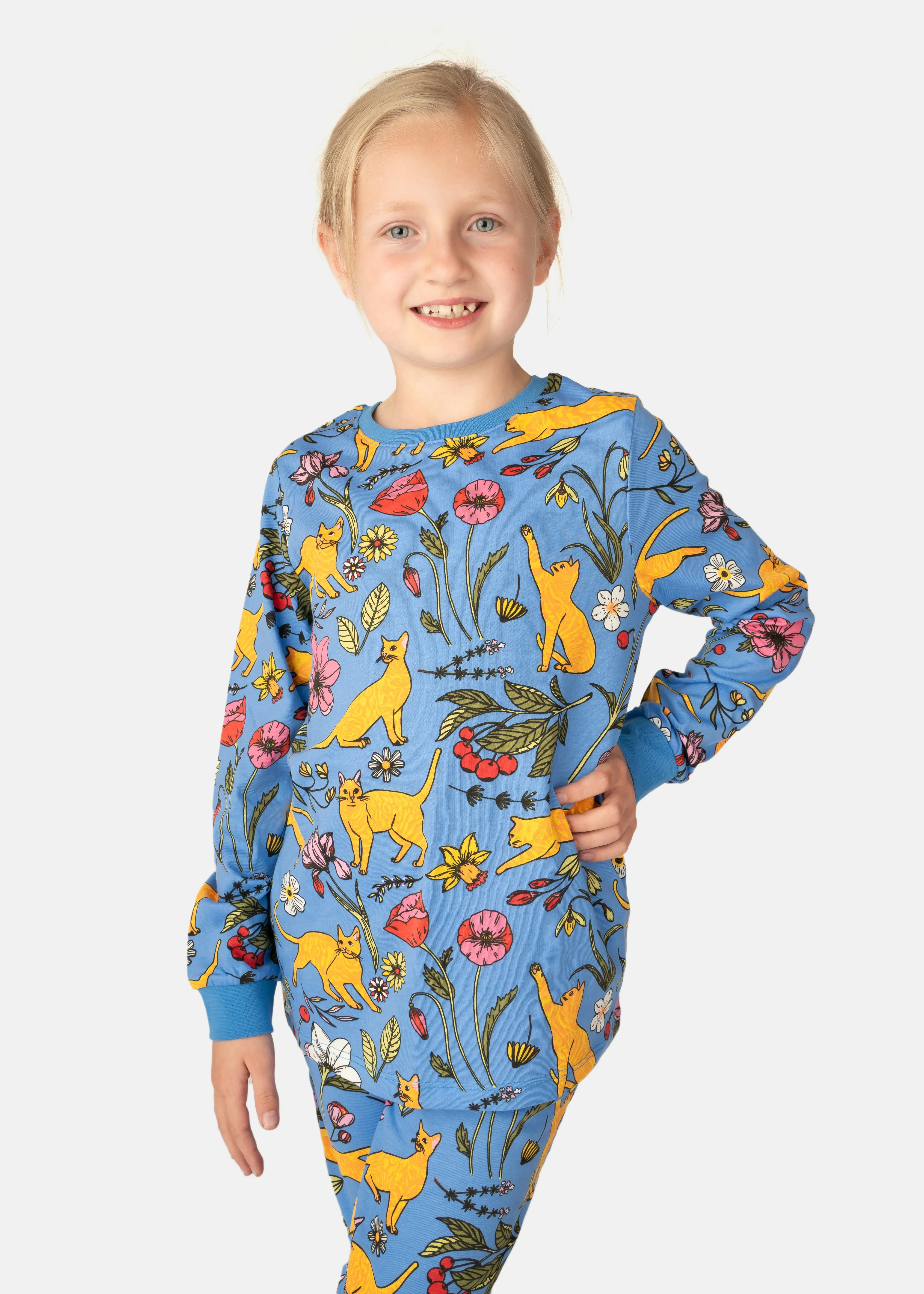 Children's Teal Garden Cat Print Cotton Pyjama Set