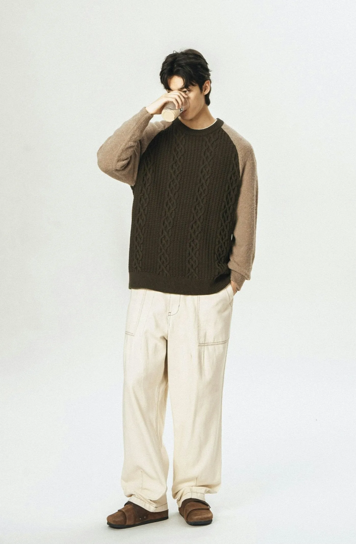 Color Block Cable Knit Crewneck Sweater