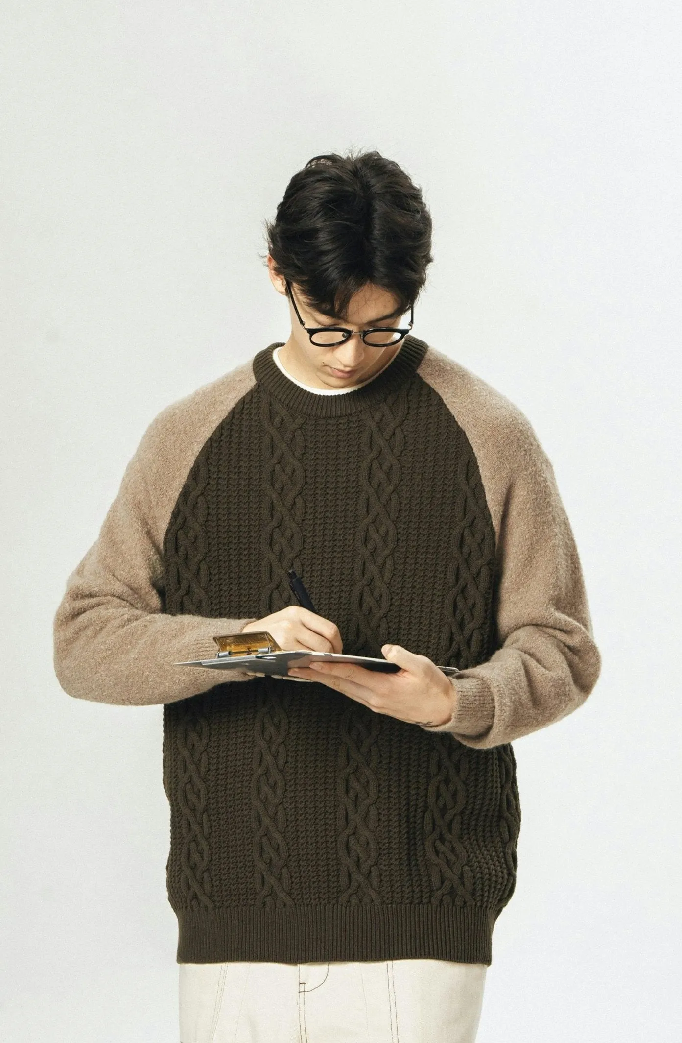 Color Block Cable Knit Crewneck Sweater