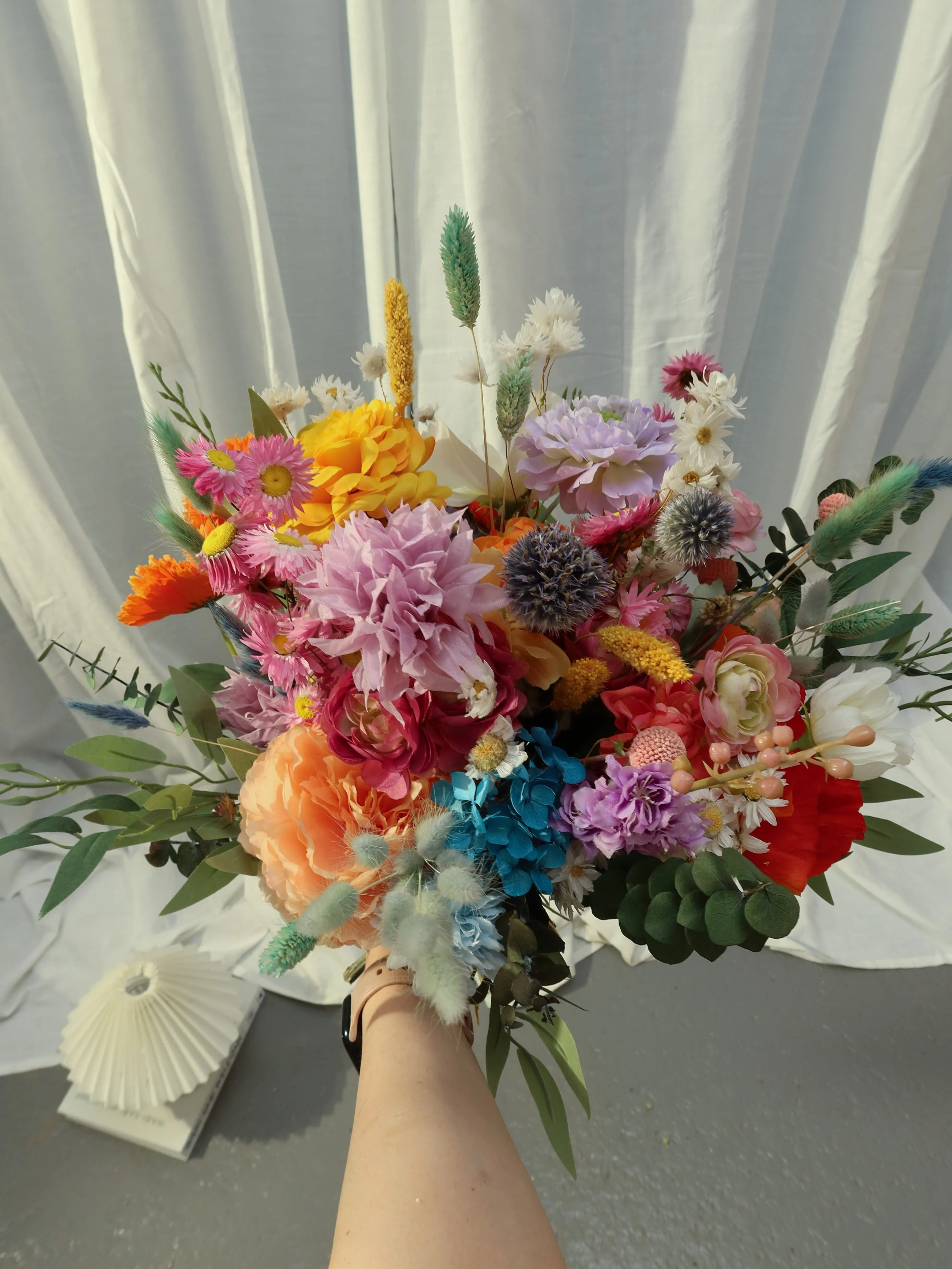 Colourful Dried and Artificial Flowers Bridal Bouquet - Tropical Peach & Pink