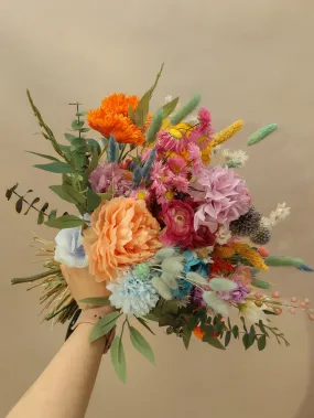 Colourful Dried and Artificial Flowers Bridal Bouquet - Tropical Peach & Pink