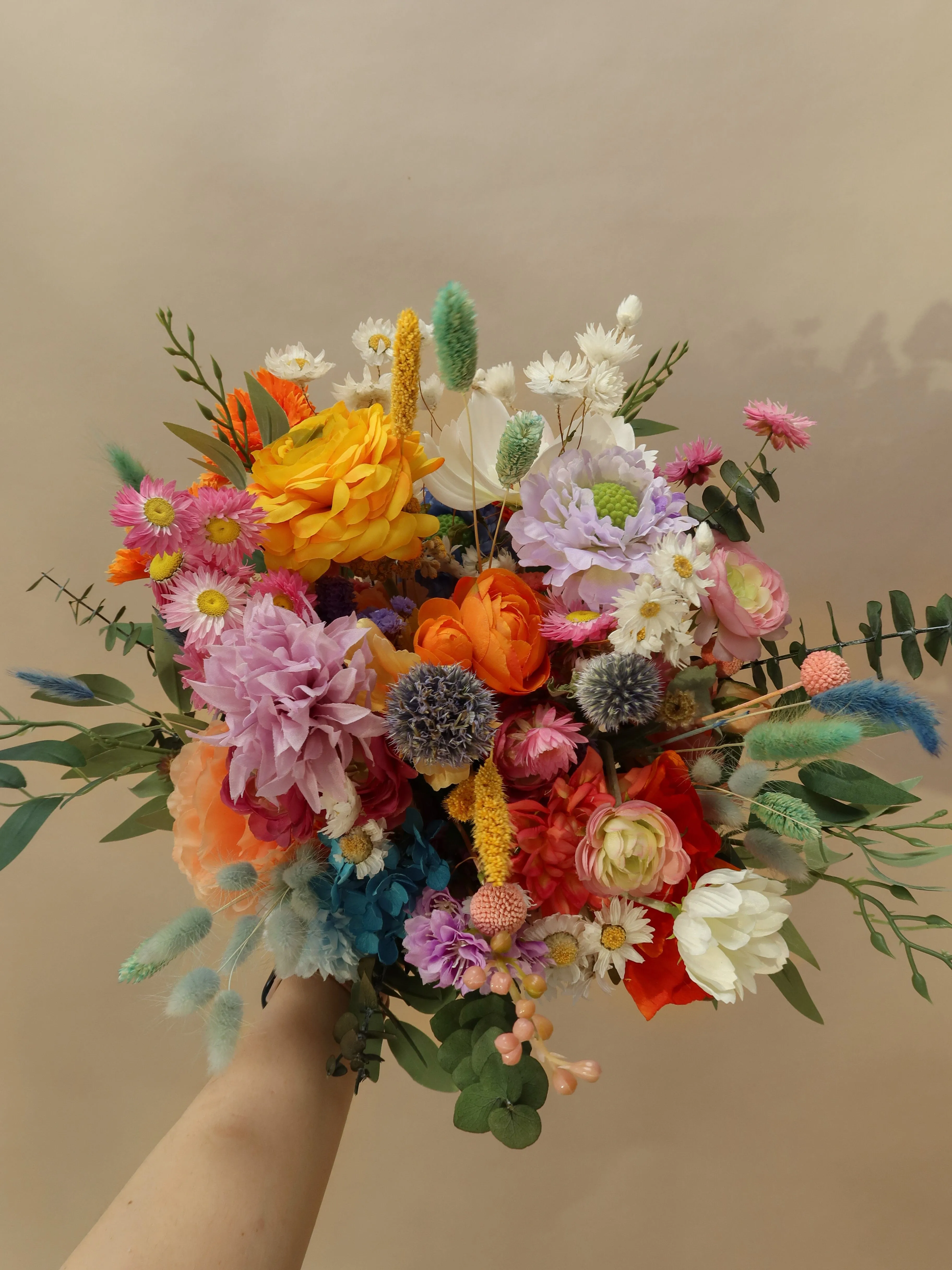 Colourful Dried and Artificial Flowers Bridal Bouquet - Tropical Peach & Pink