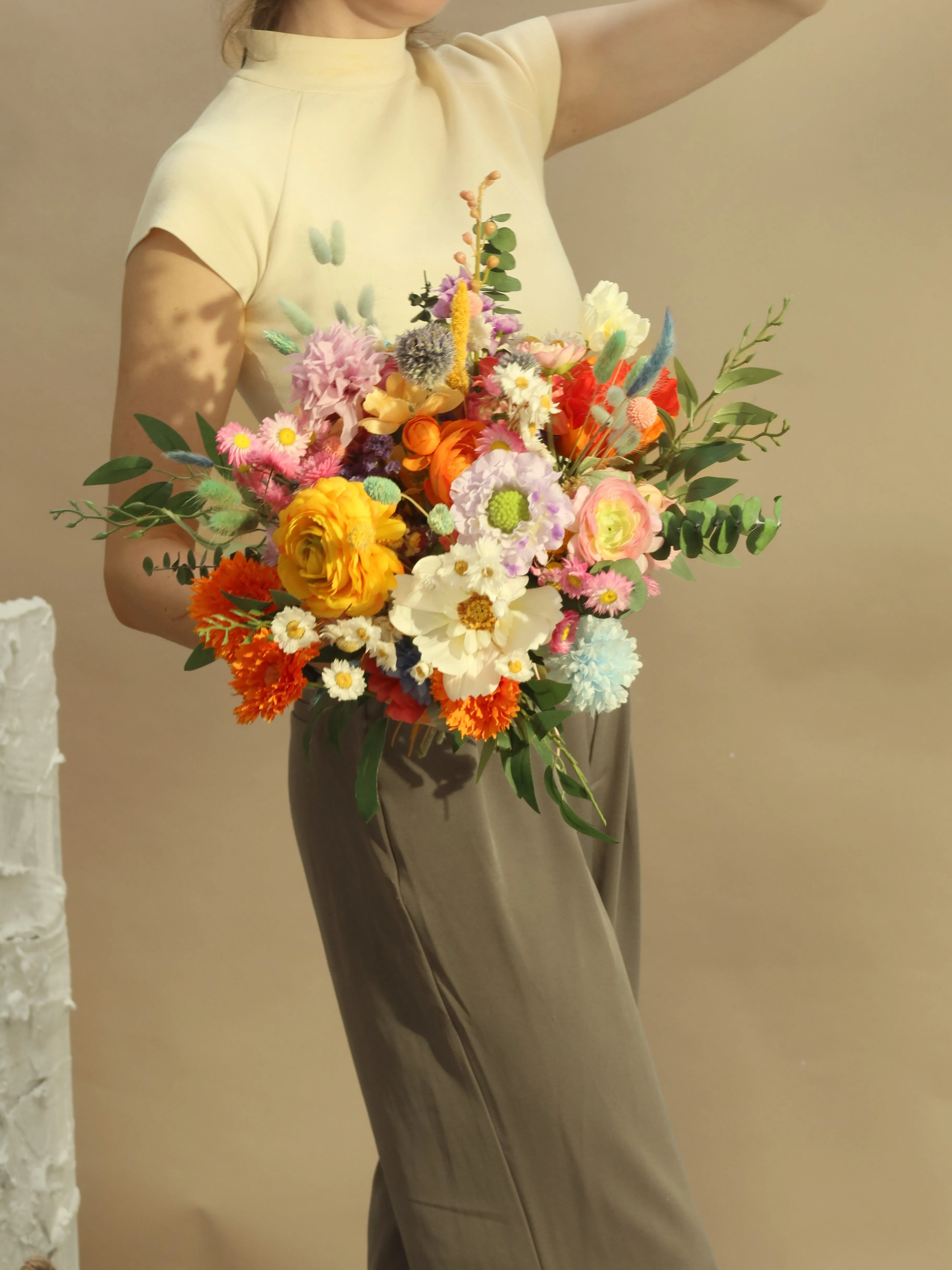 Colourful Dried and Artificial Flowers Bridal Bouquet - Tropical Peach & Pink