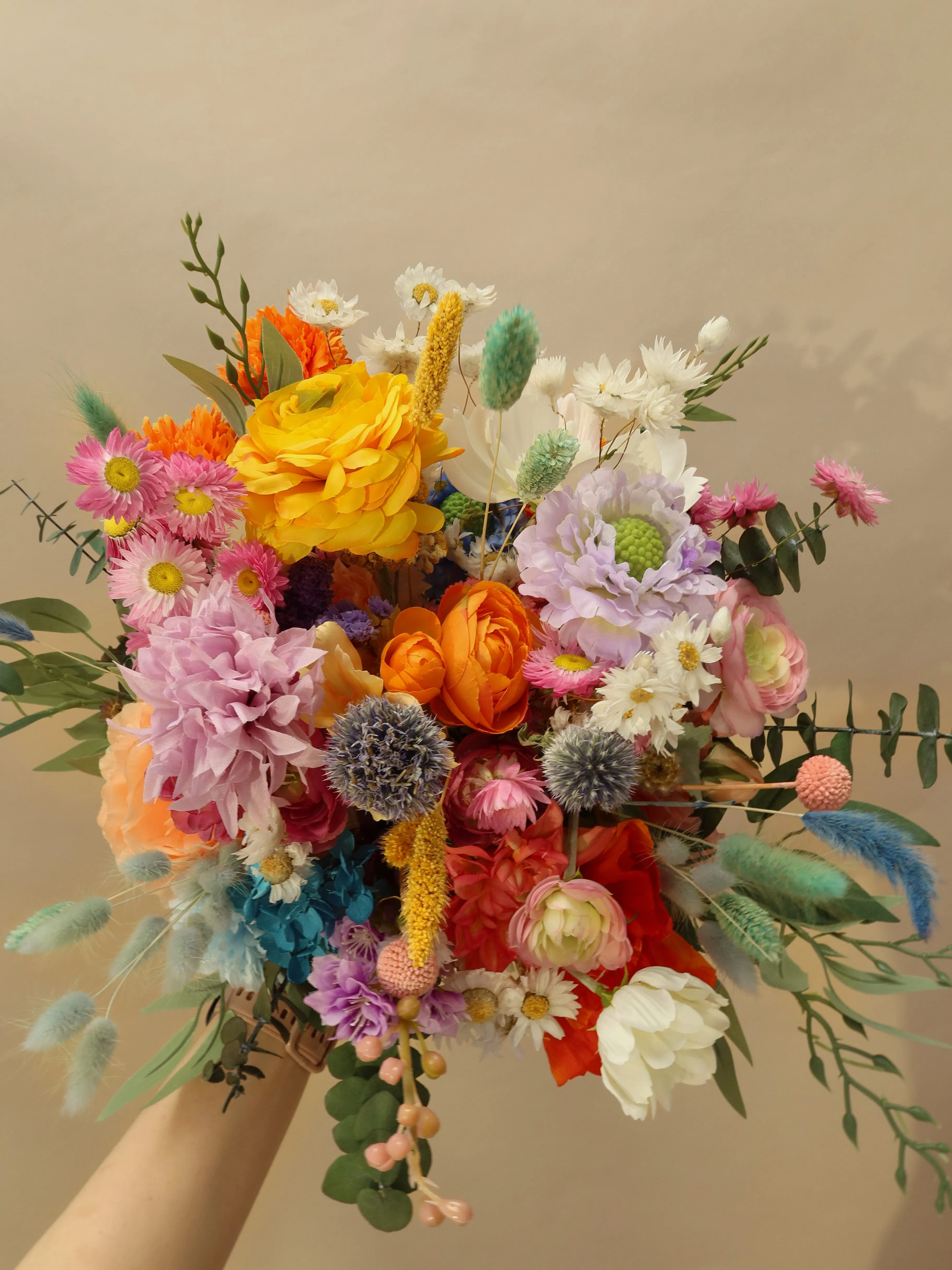 Colourful Dried and Artificial Flowers Bridal Bouquet - Tropical Peach & Pink