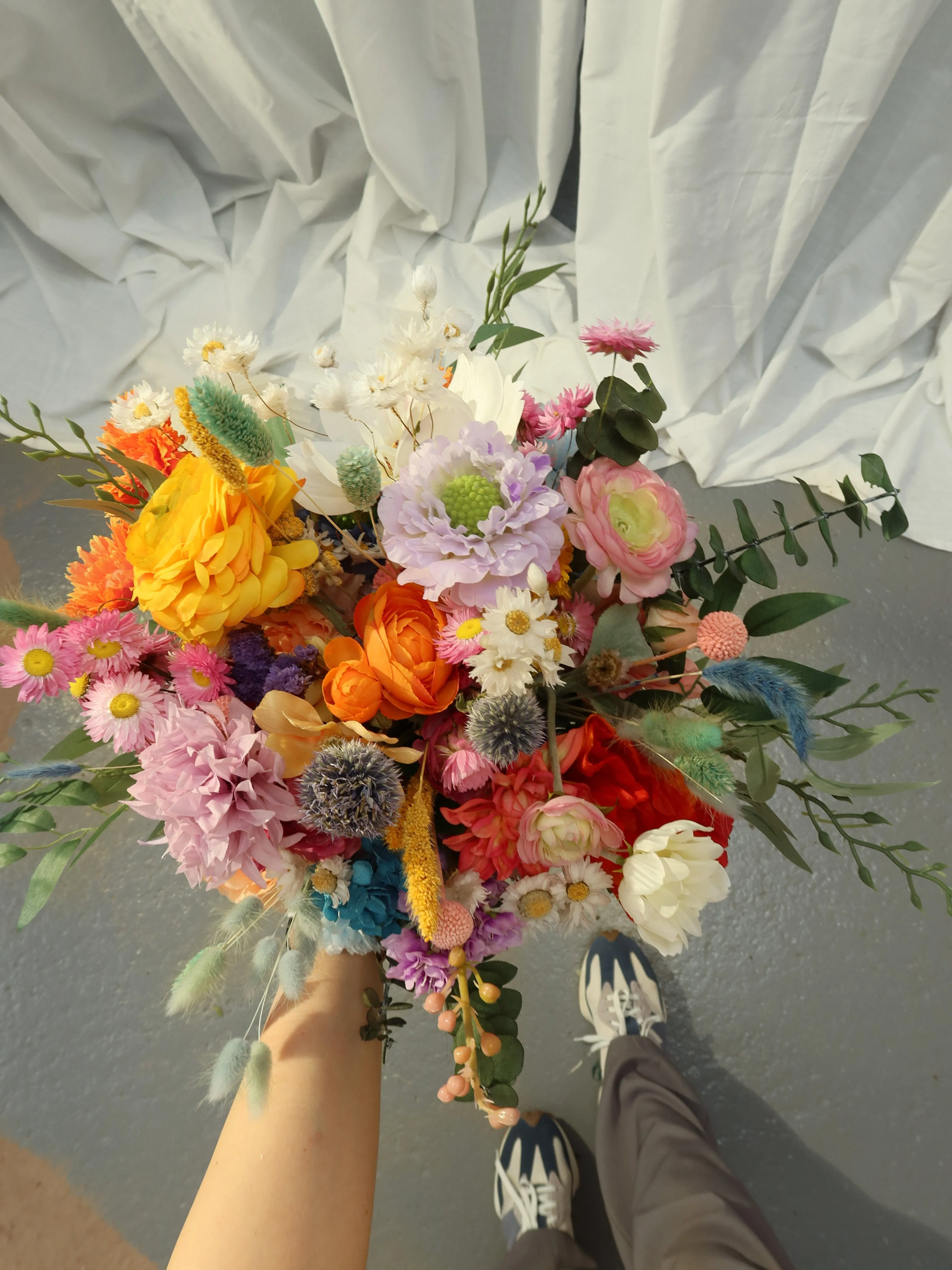 Colourful Dried and Artificial Flowers Bridal Bouquet - Tropical Peach & Pink