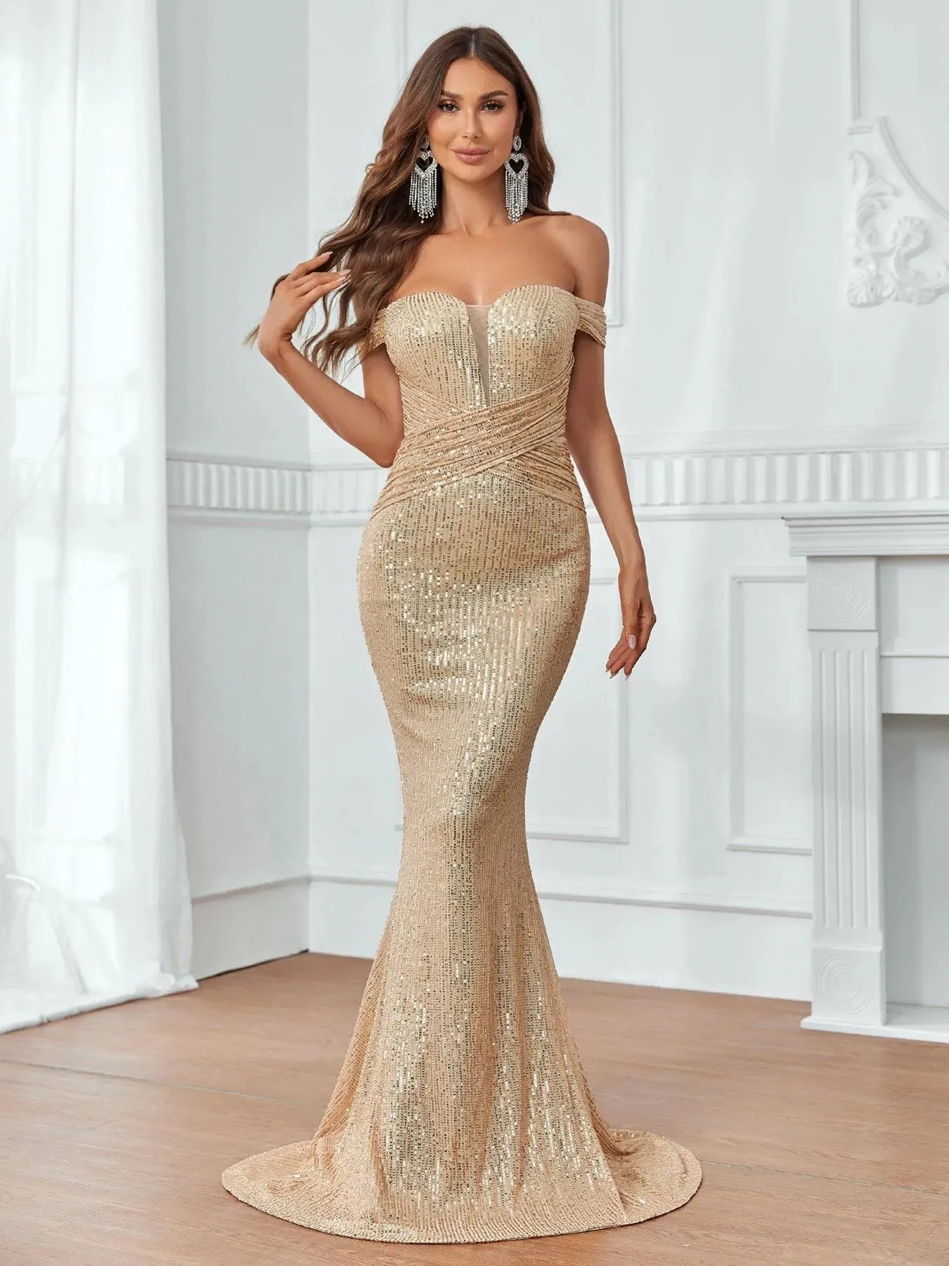 Contrast Mesh Off Shoulder Mermaid Hem Sequin Formal Dress