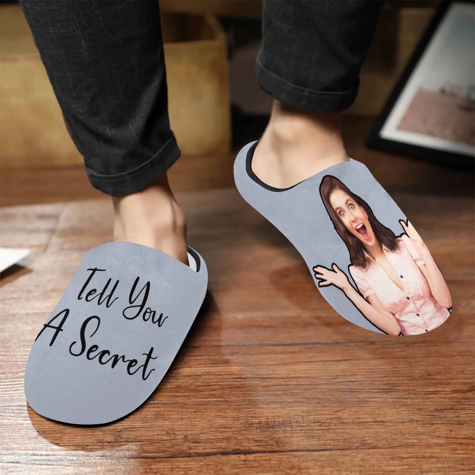 Couple Gift Grey Custom Photo&Text All Over Print Personalized Non-Slip Cotton Slippers For Girlfriend Boyfriend