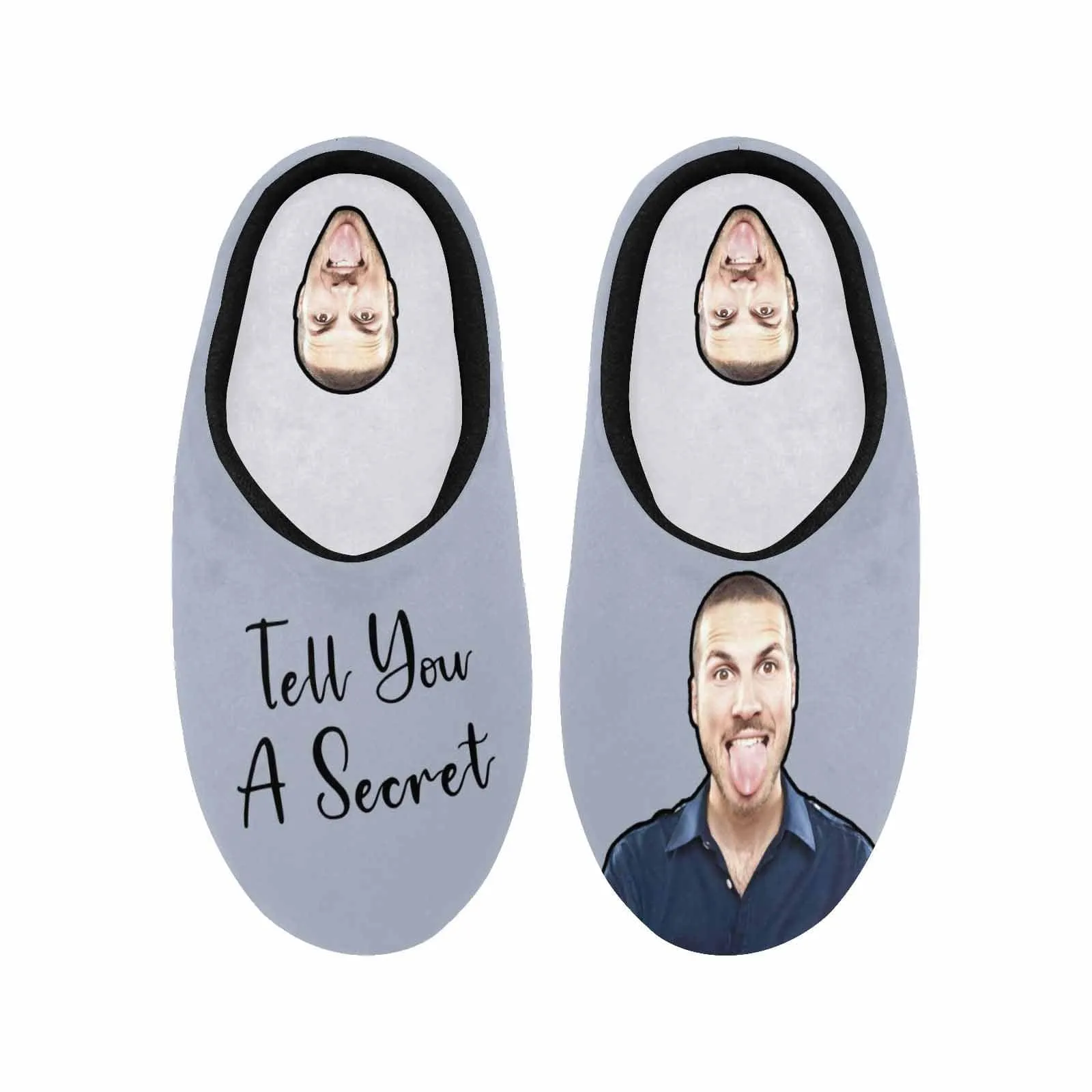 Couple Gift Grey Custom Photo&Text All Over Print Personalized Non-Slip Cotton Slippers For Girlfriend Boyfriend