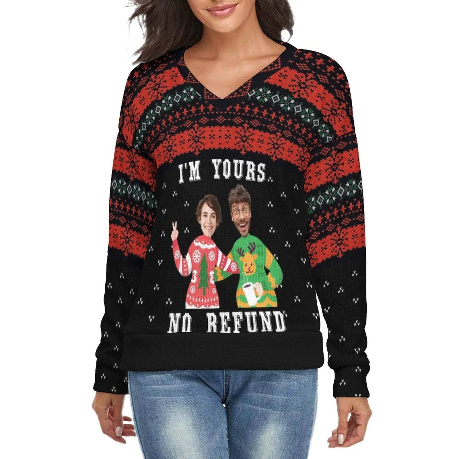 Couple Matching Custom Face Sweater I'm Yours Long Sleeve Ugly Christmas Sweater Tops for Men and Women