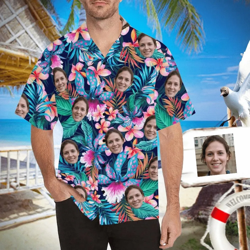 Couple Matching Hawaiian Shirts&Swimsuits with Faces Personalized Hawaiian Shirt Photo Tropical Aloha Shirt Birthday Vacation Party Gift