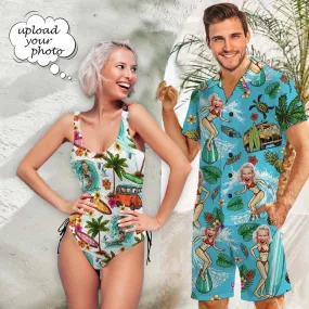 Couple Swimwear Beach Shirts Set Bathingsuit Cruise Outfit Custom Face Happy Holiday Hawaiian Shirt Set&Swimsuit