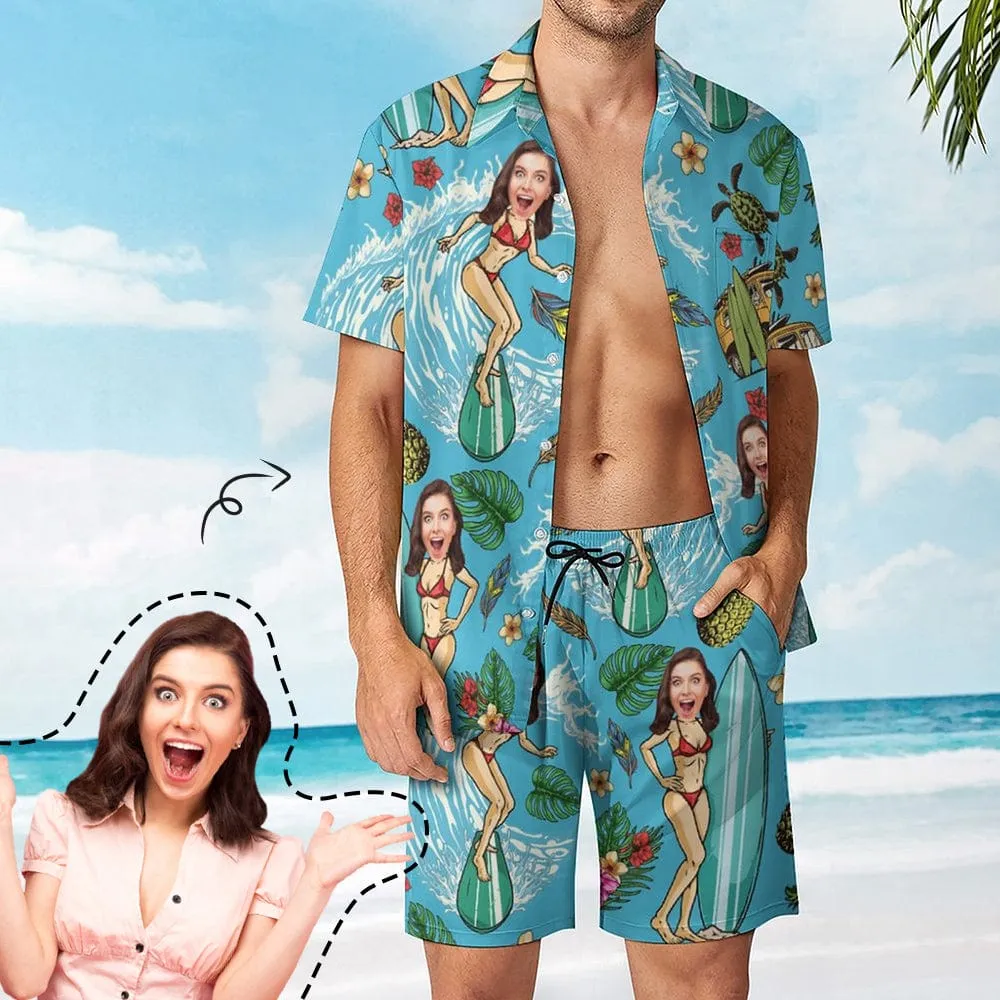 Couple Swimwear Beach Shirts Set Bathingsuit Cruise Outfit Custom Face Happy Holiday Hawaiian Shirt Set&Swimsuit