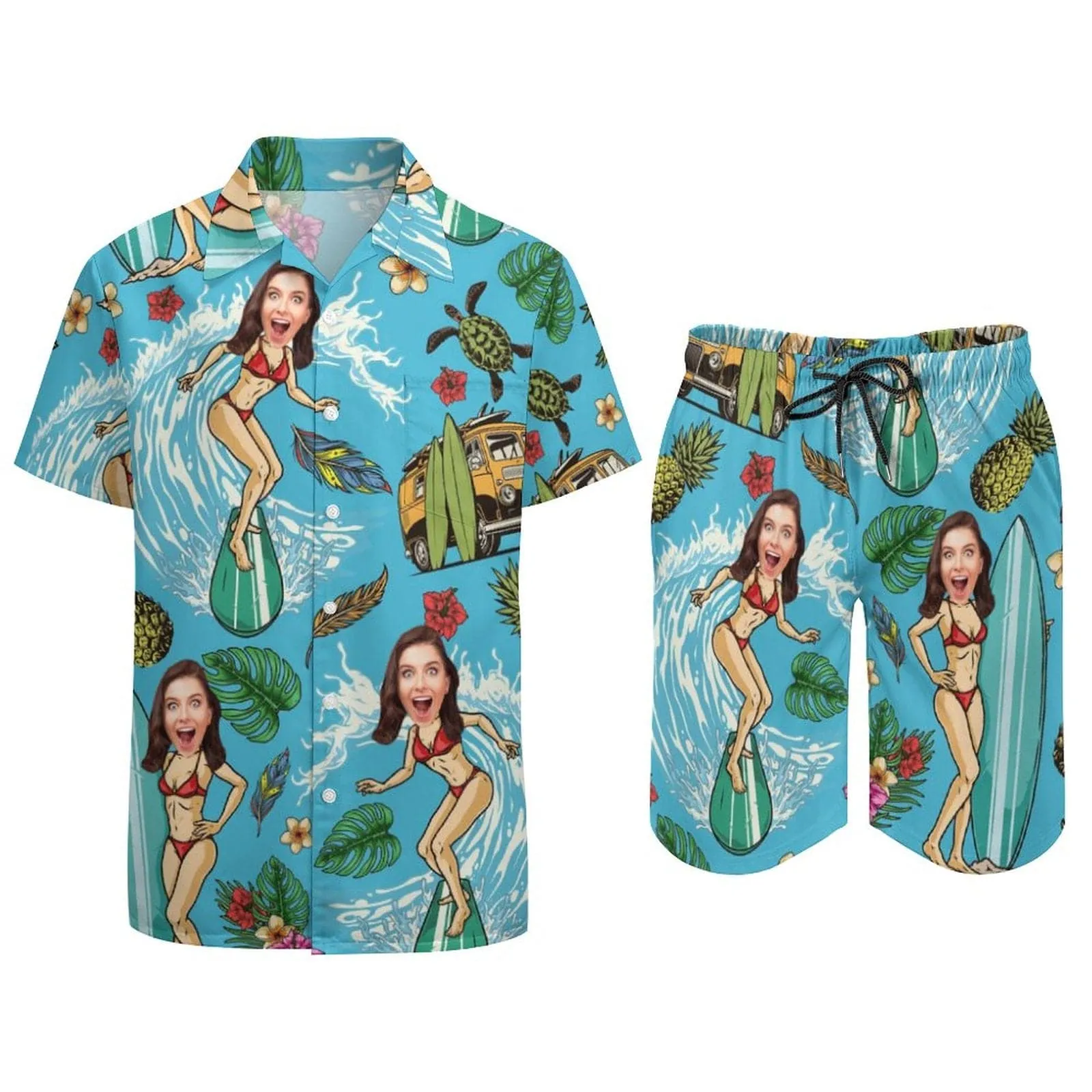 Couple Swimwear Beach Shirts Set Bathingsuit Cruise Outfit Custom Face Happy Holiday Hawaiian Shirt Set&Swimsuit