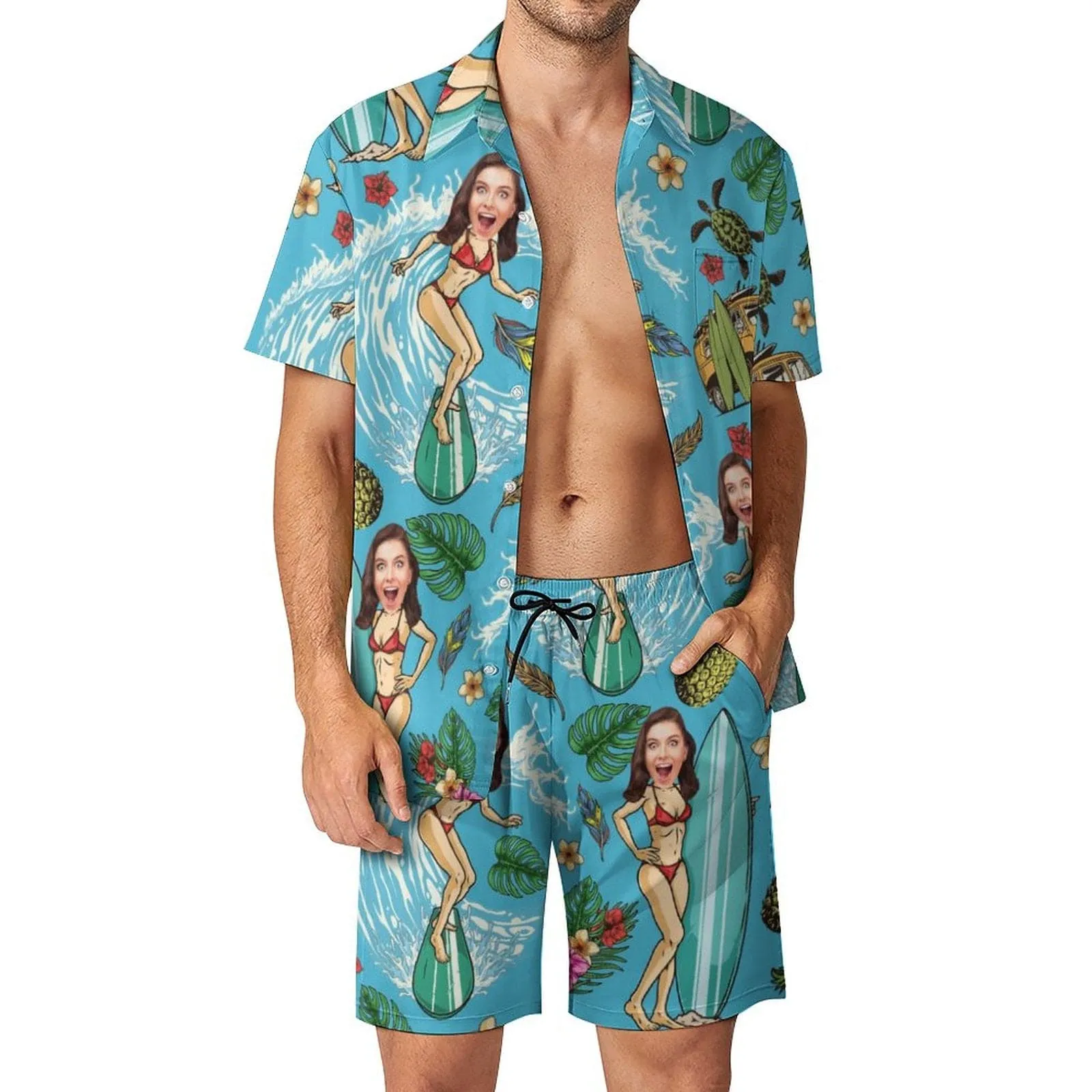 Couple Swimwear Beach Shirts Set Bathingsuit Cruise Outfit Custom Face Happy Holiday Hawaiian Shirt Set&Swimsuit