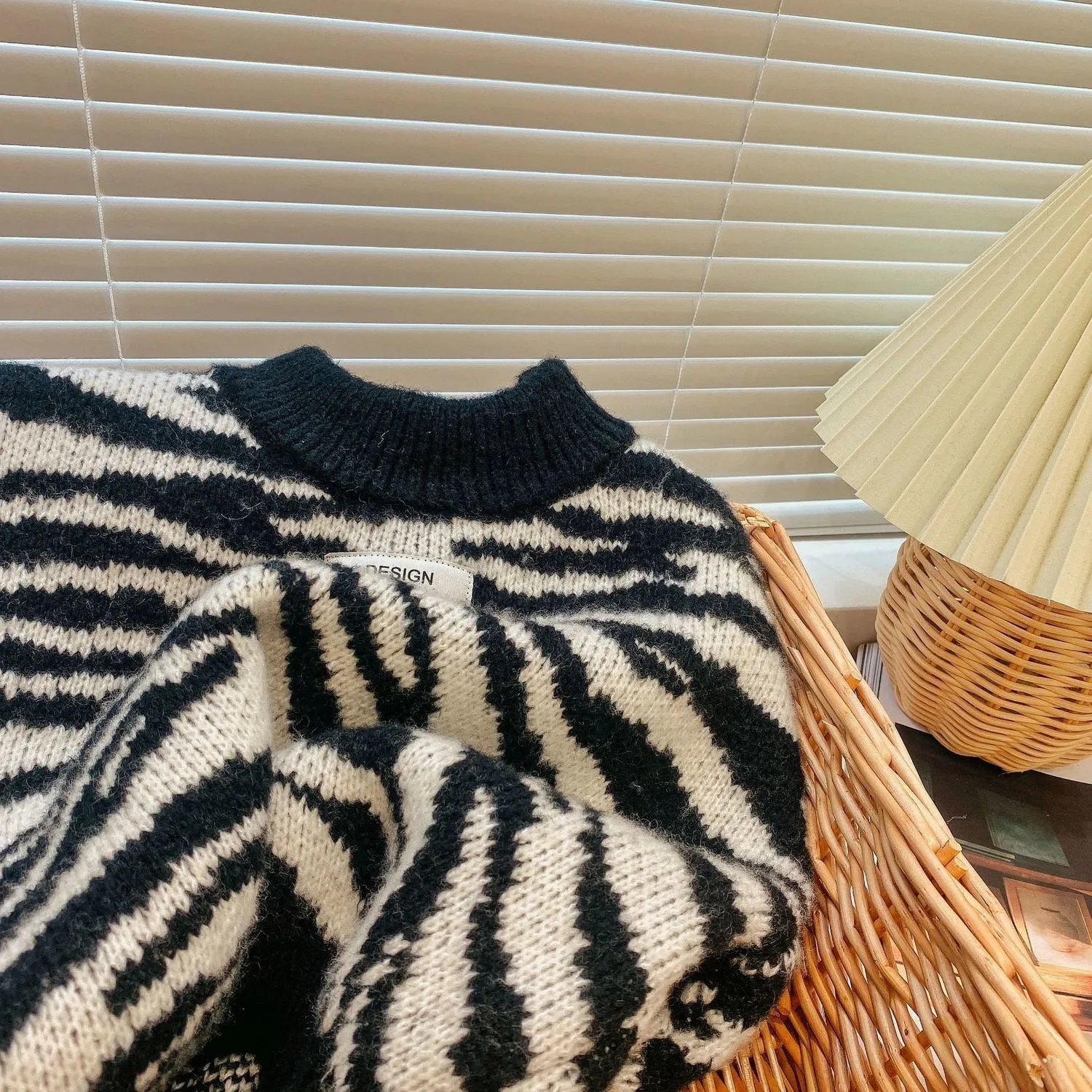 Cozy Zebra Knit High Neck Sweatshirt