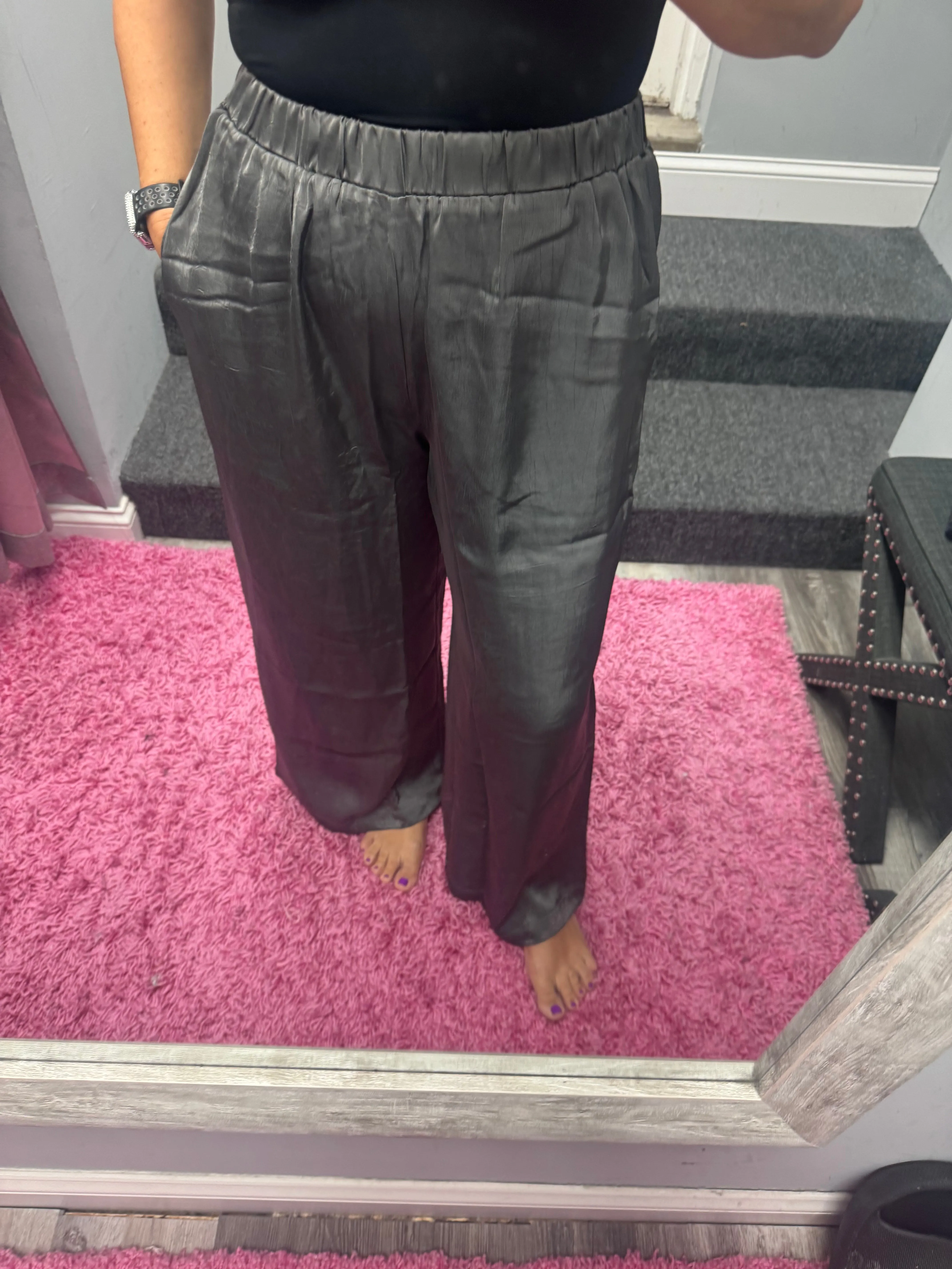 Crinkle Satin Pull-On Pants - Charcoal