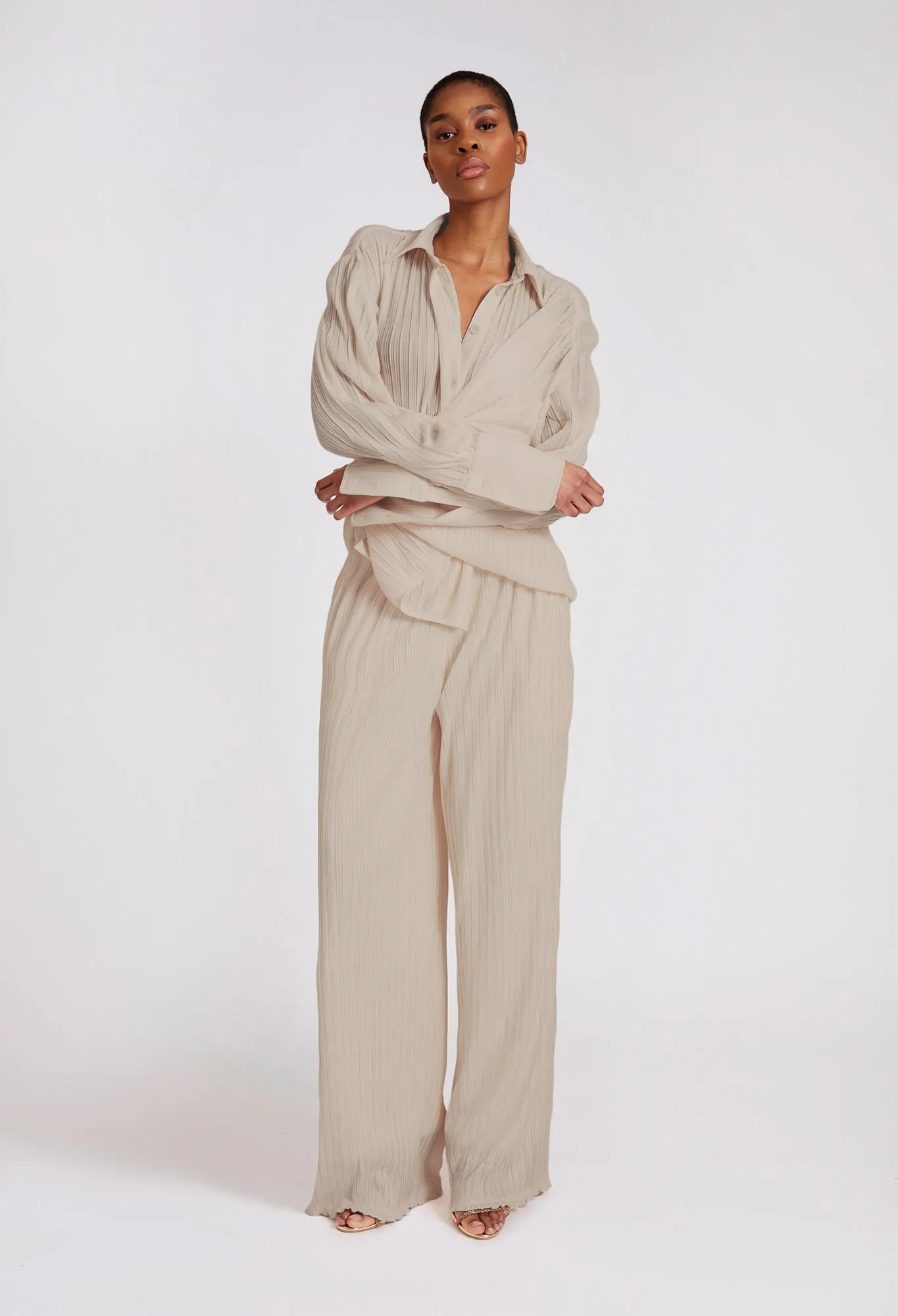 Crinkle Wide Pants - Soft Nude