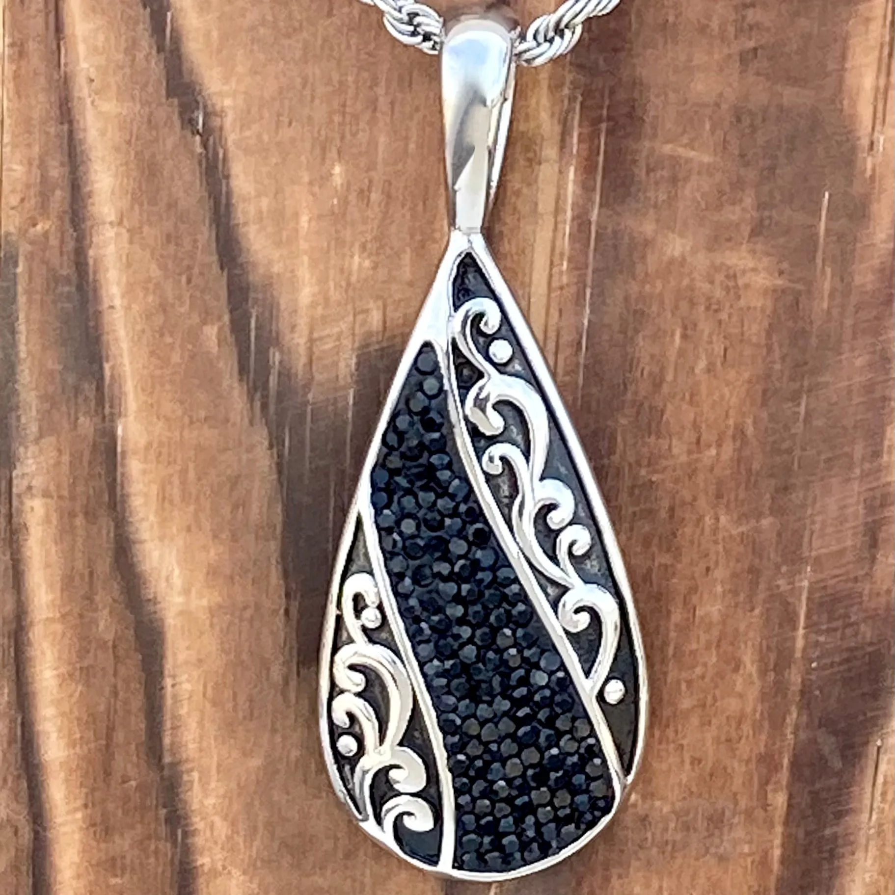 Crystal Teardrop - Black - Pendant - Rope Necklace or Omega - AJ04