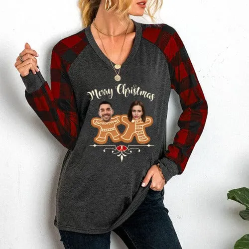 Custom Couple Face V-neck Tops Design Merry Christmas Women's Loose Long Sleeve T-shirt