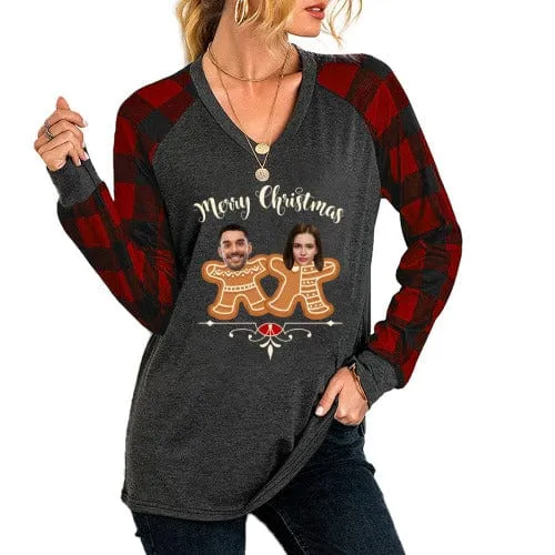 Custom Couple Face V-neck Tops Design Merry Christmas Women's Loose Long Sleeve T-shirt