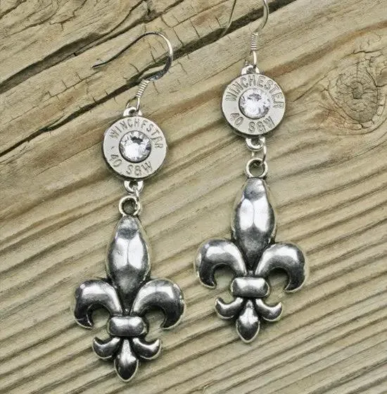 Dangling Fleur de Lis 40 Caliber Bullet Earrings