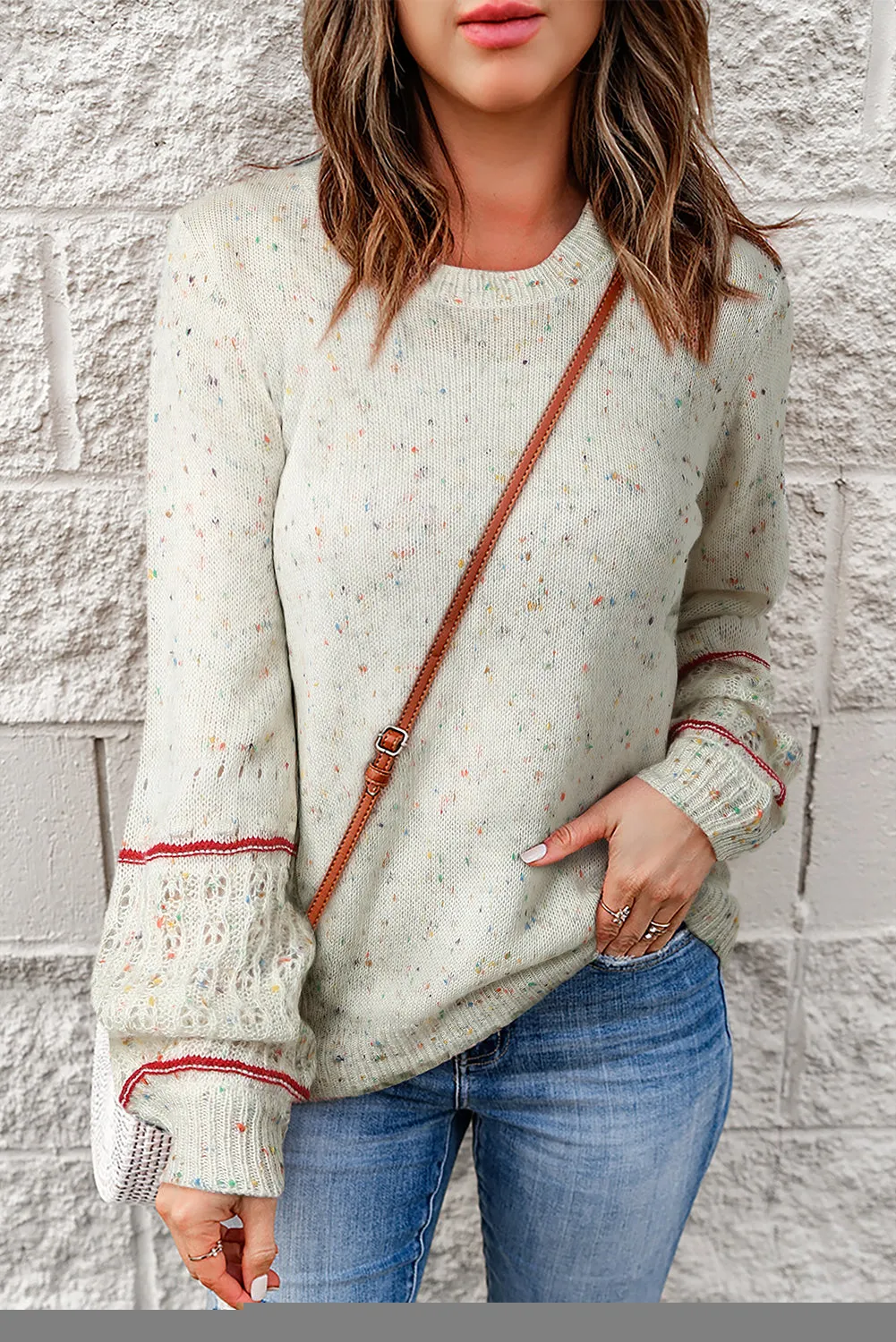 Dark Pink Colorful Spots Knitted V Neck Casual Sweater