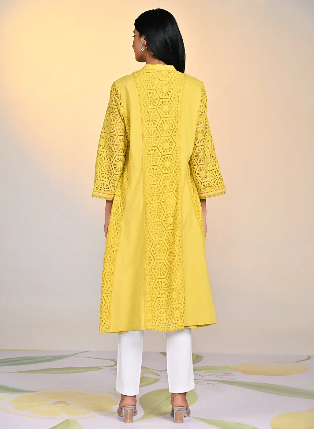 Fariha Carnation Yellow Embroidered Raschel
Net Dress for Women