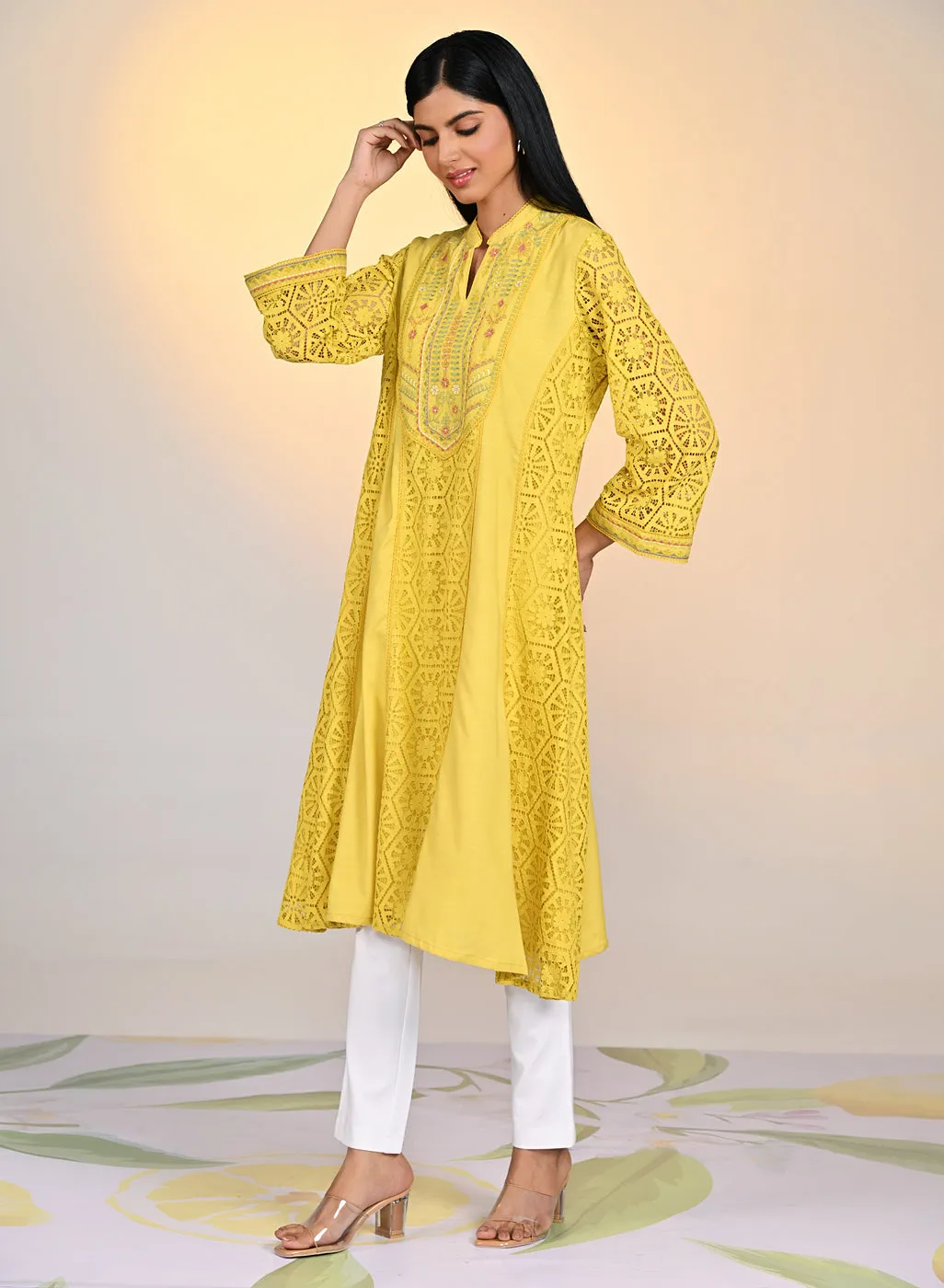 Fariha Carnation Yellow Embroidered Raschel
Net Dress for Women