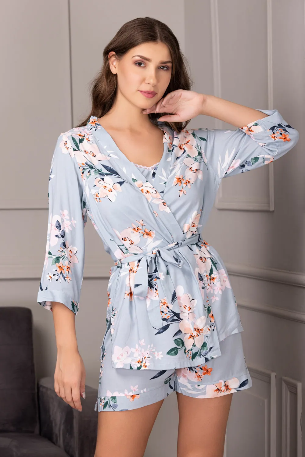 Floral Satin Night suit with Robe