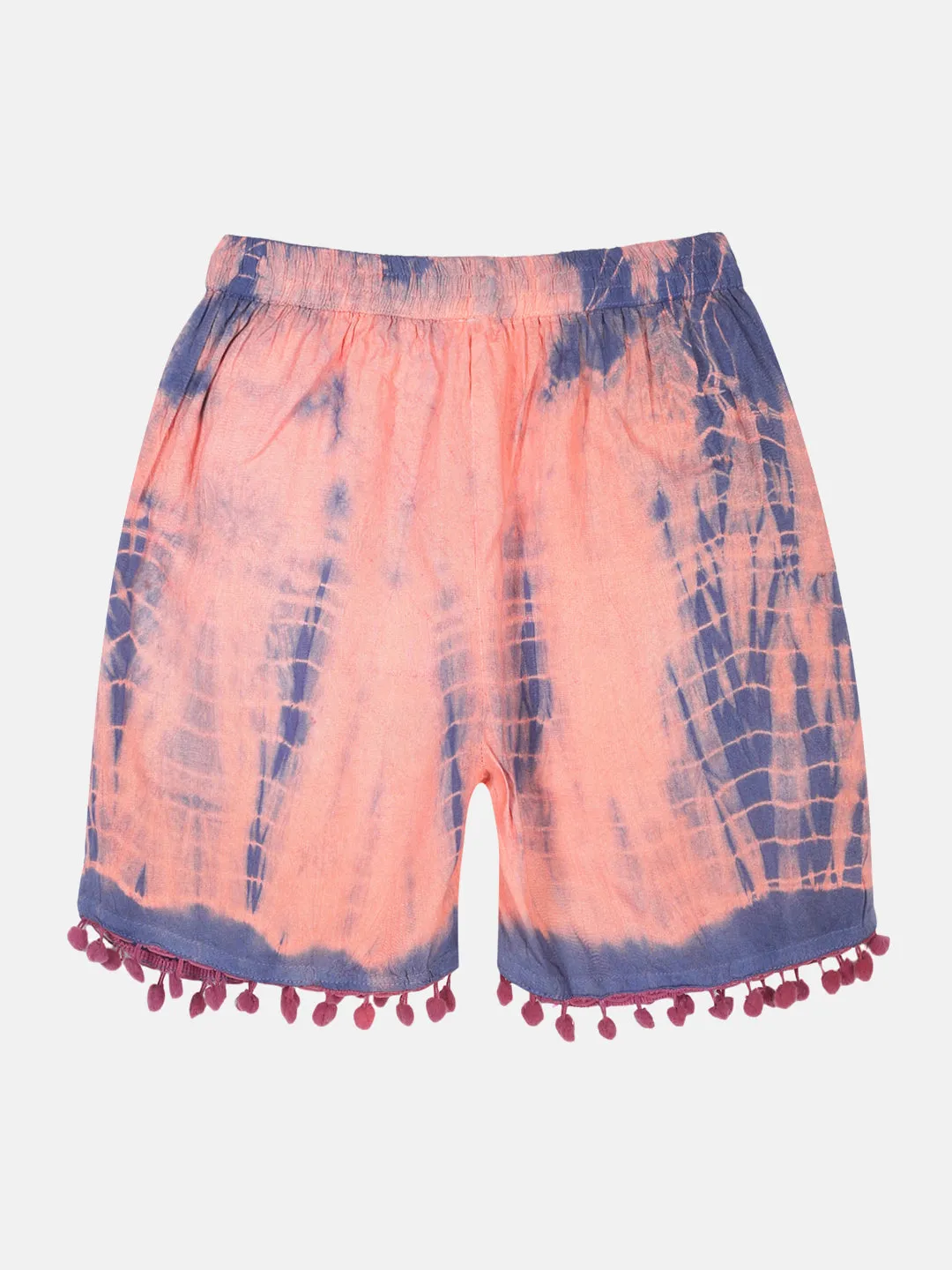 Girls Pom Pom Lace Hem Tie & Dye Shorts