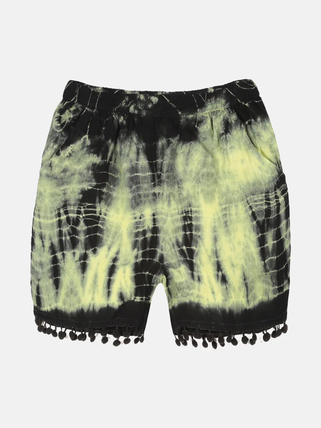 Girls Pom Pom Lace Hem Tie & Dye Shorts