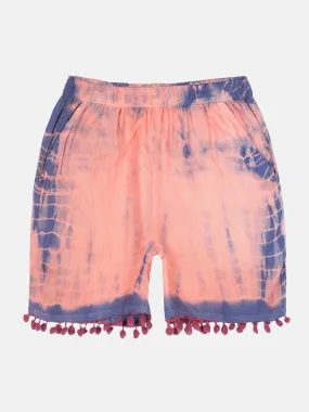 Girls Pom Pom Lace Hem Tie & Dye Shorts