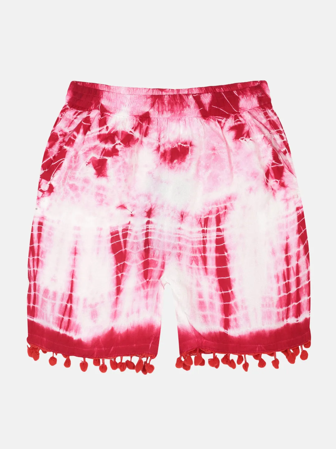 Girls Pom Pom Lace Hem Tie & Dye Shorts