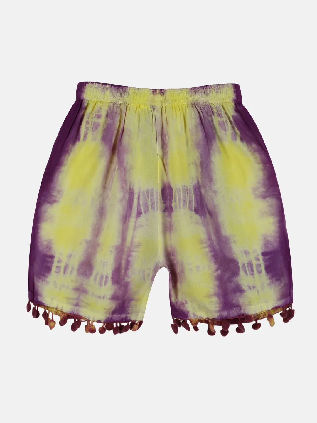 Girls Pom Pom Lace Hem Tie & Dye Shorts