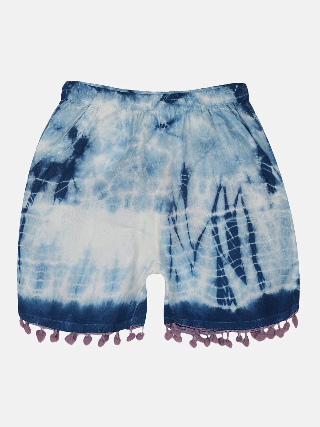 Girls Pom Pom Lace Hem Tie & Dye Shorts