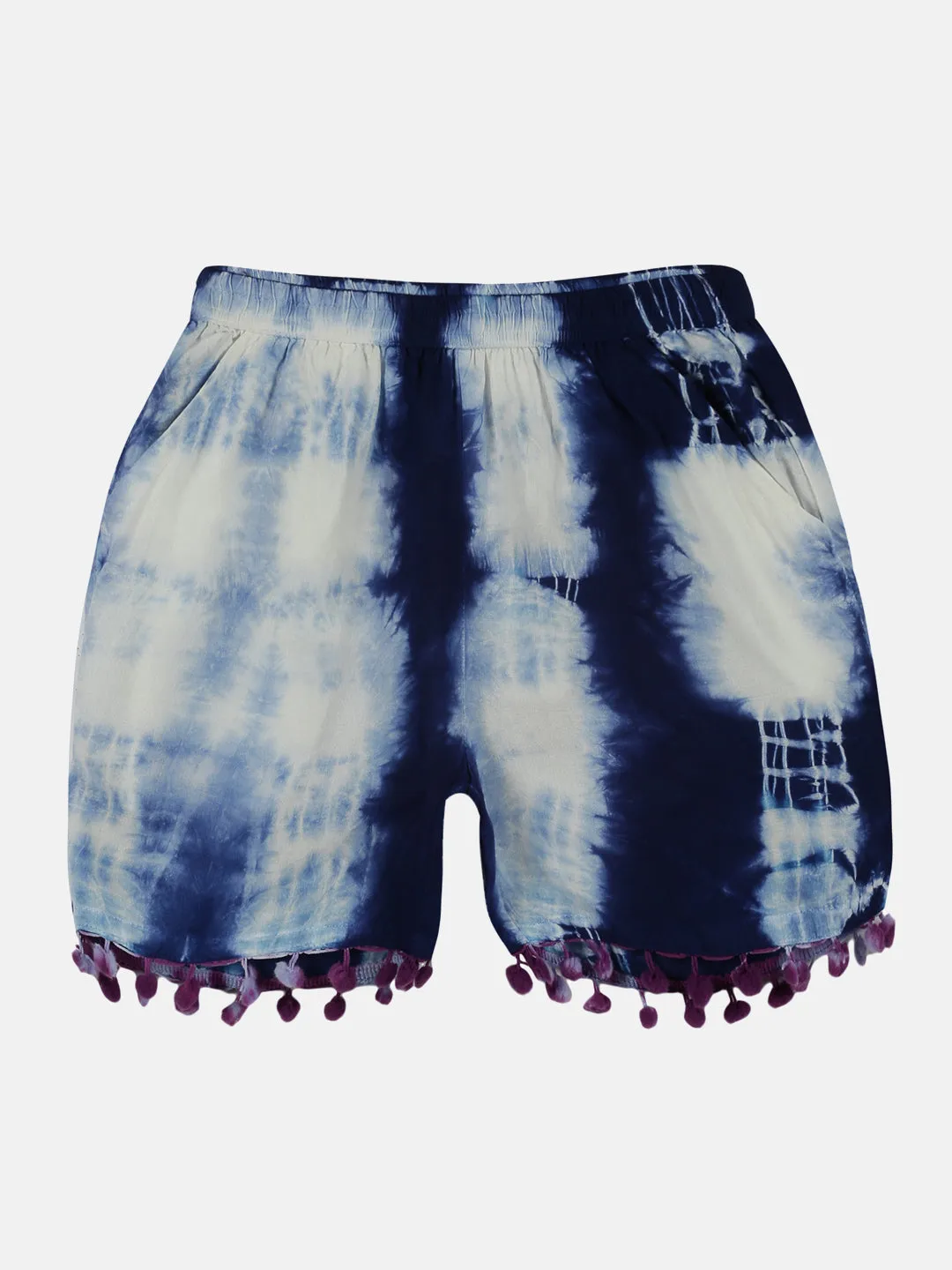 Girls Pom Pom Lace Hem Tie & Dye Shorts